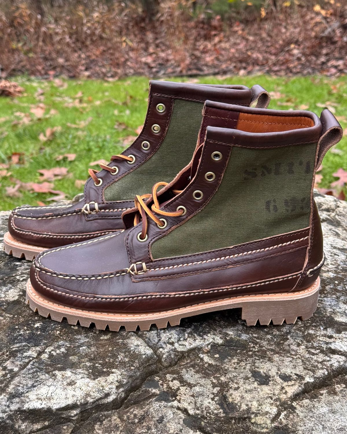 Photo by missouridenimdad on November 25, 2025 of the Oak Street Bootmakers Jungle Duffel Camp Boot in Horween Brown Chromexcel & Vintage Vietnam OD Green Cotton Duck Canvas.