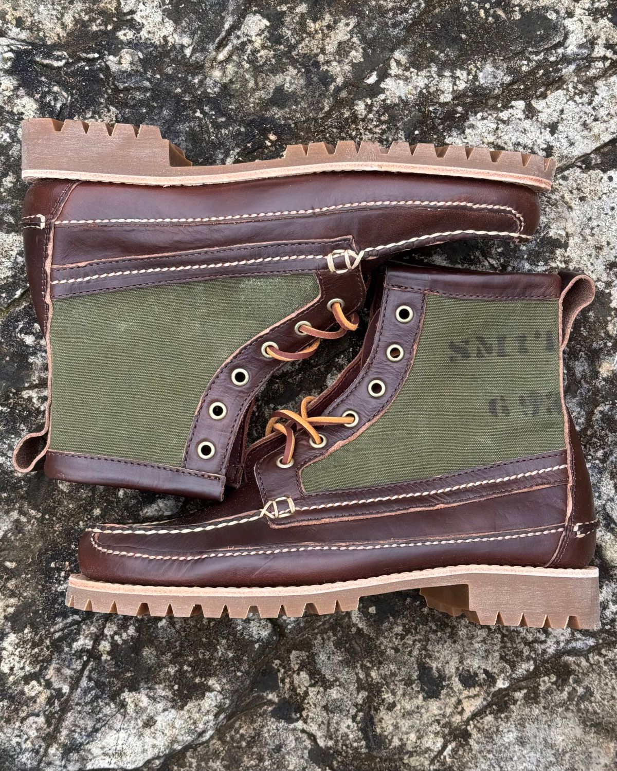 Photo by missouridenimdad on November 25, 2025 of the Oak Street Bootmakers Jungle Duffel Camp Boot in Horween Brown Chromexcel & Vintage Vietnam OD Green Cotton Duck Canvas.