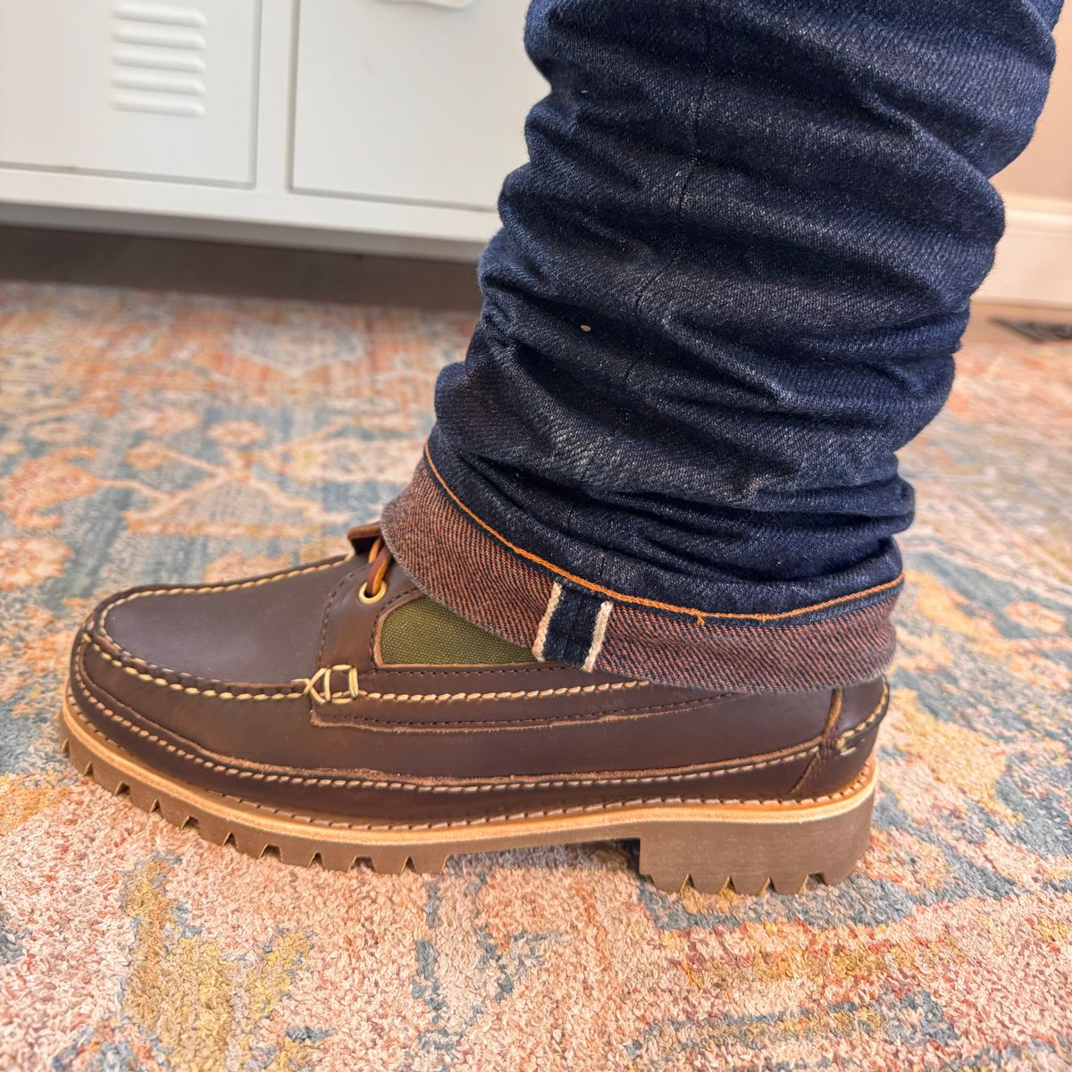 Photo by missouridenimdad on November 28, 2025 of the Oak Street Bootmakers Jungle Duffel Camp Boot in Horween Brown Chromexcel & Vintage Vietnam OD Green Cotton Duck Canvas.