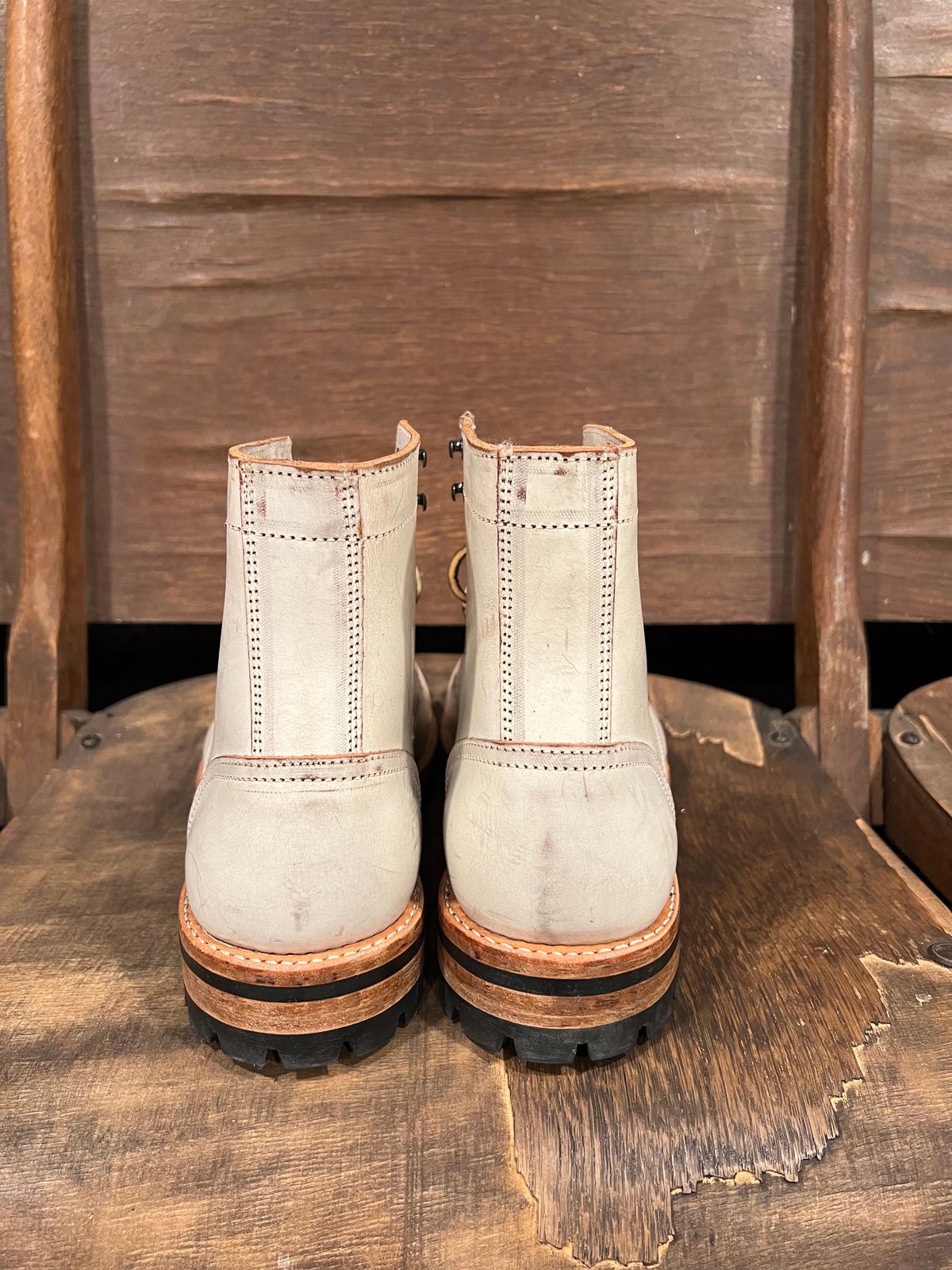 Photo by missouridenimdad on October 1, 2023 of the Oak Street Bootmakers Trench Boot in Volpi Whitewash Overdye Abetone.