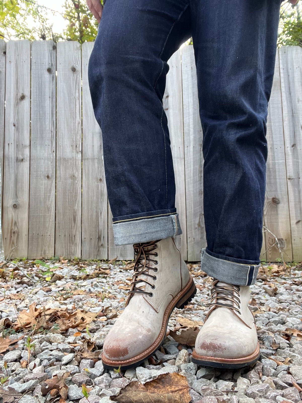 Photo by missouridenimdad on October 2, 2023 of the Oak Street Bootmakers Trench Boot in Volpi Whitewash Overdye Abetone.