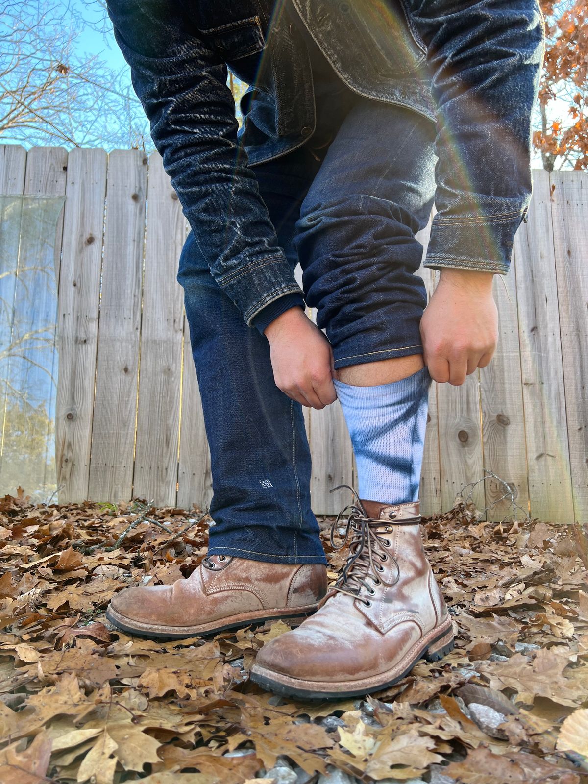 Photo by missouridenimdad on December 1, 2023 of the Oak Street Bootmakers Trench Boot in Volpi Whitewash Overdye Abetone.