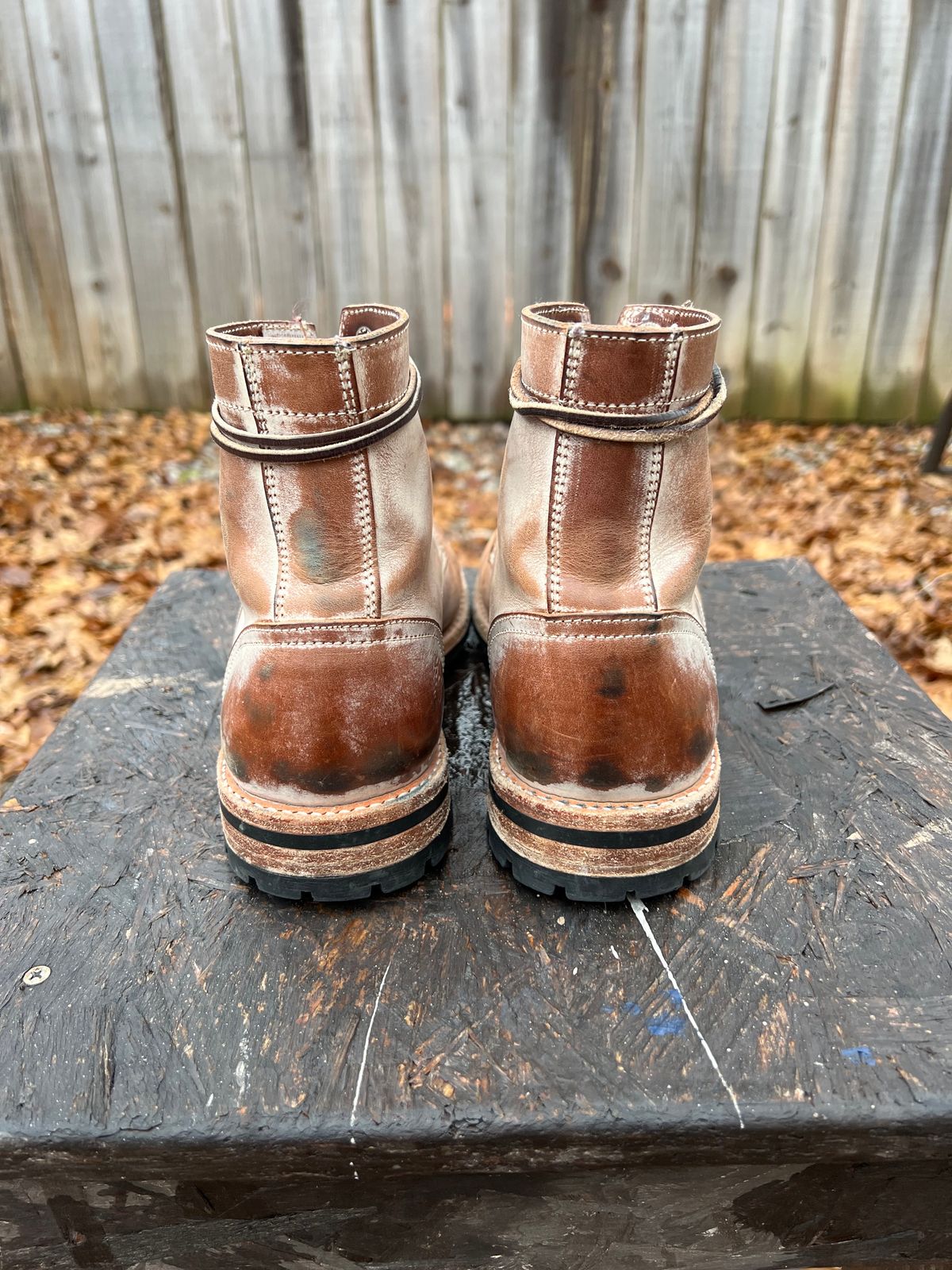 Photo by missouridenimdad on December 1, 2023 of the Oak Street Bootmakers Trench Boot in Volpi Whitewash Overdye Abetone.