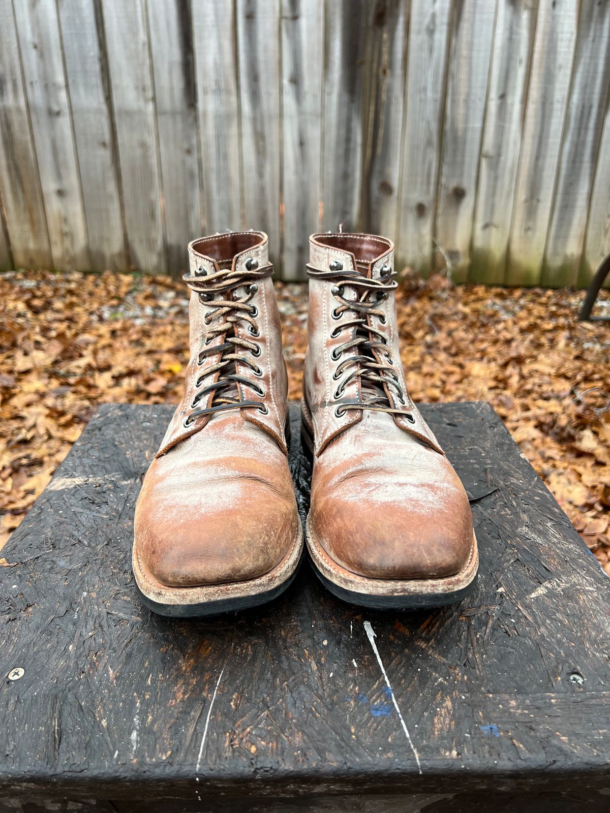Photo by missouridenimdad on December 1, 2023 of the Oak Street Bootmakers Trench Boot in Volpi Whitewash Overdye Abetone.