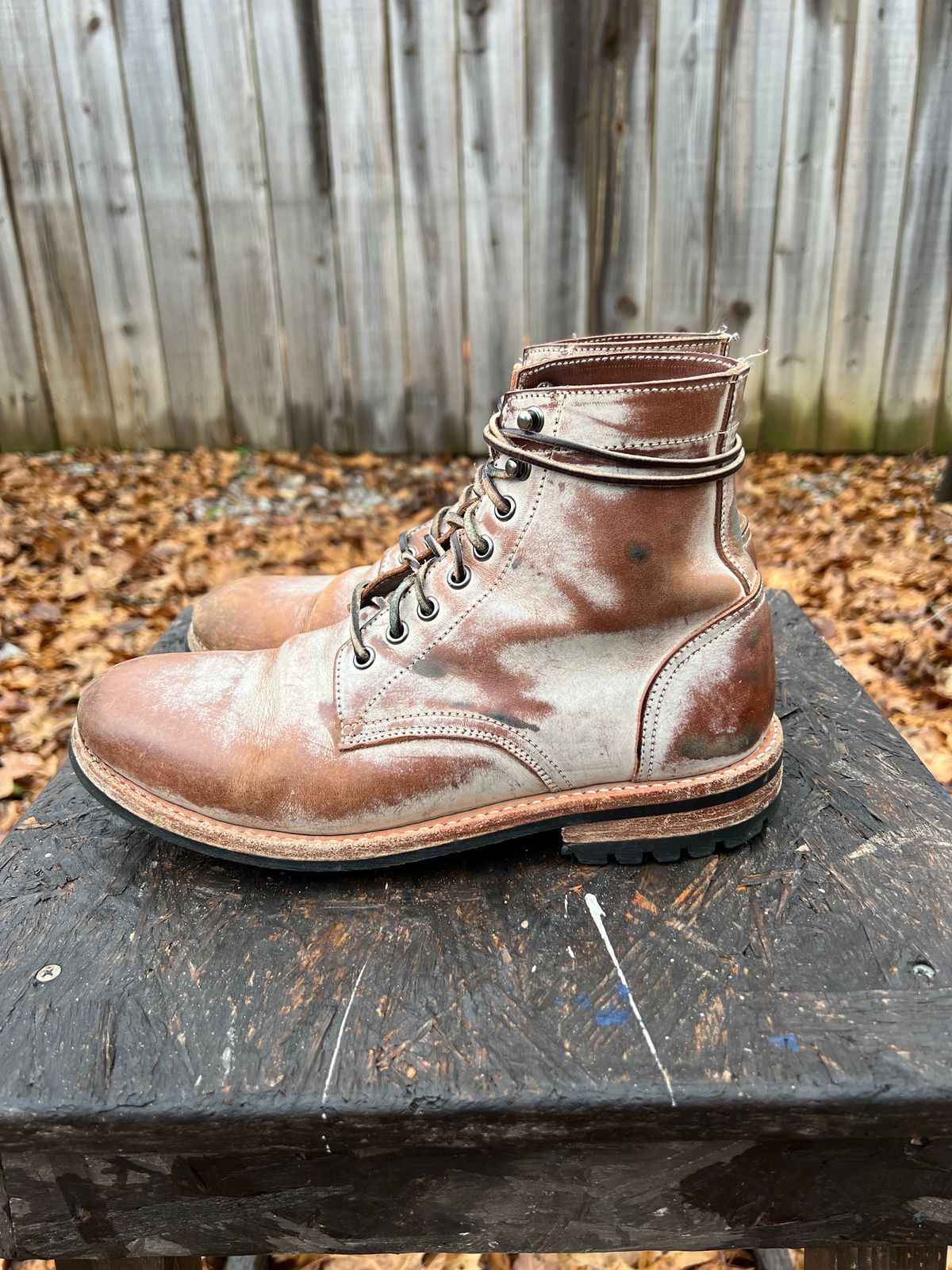 Photo by missouridenimdad on December 1, 2023 of the Oak Street Bootmakers Trench Boot in Volpi Whitewash Overdye Abetone.