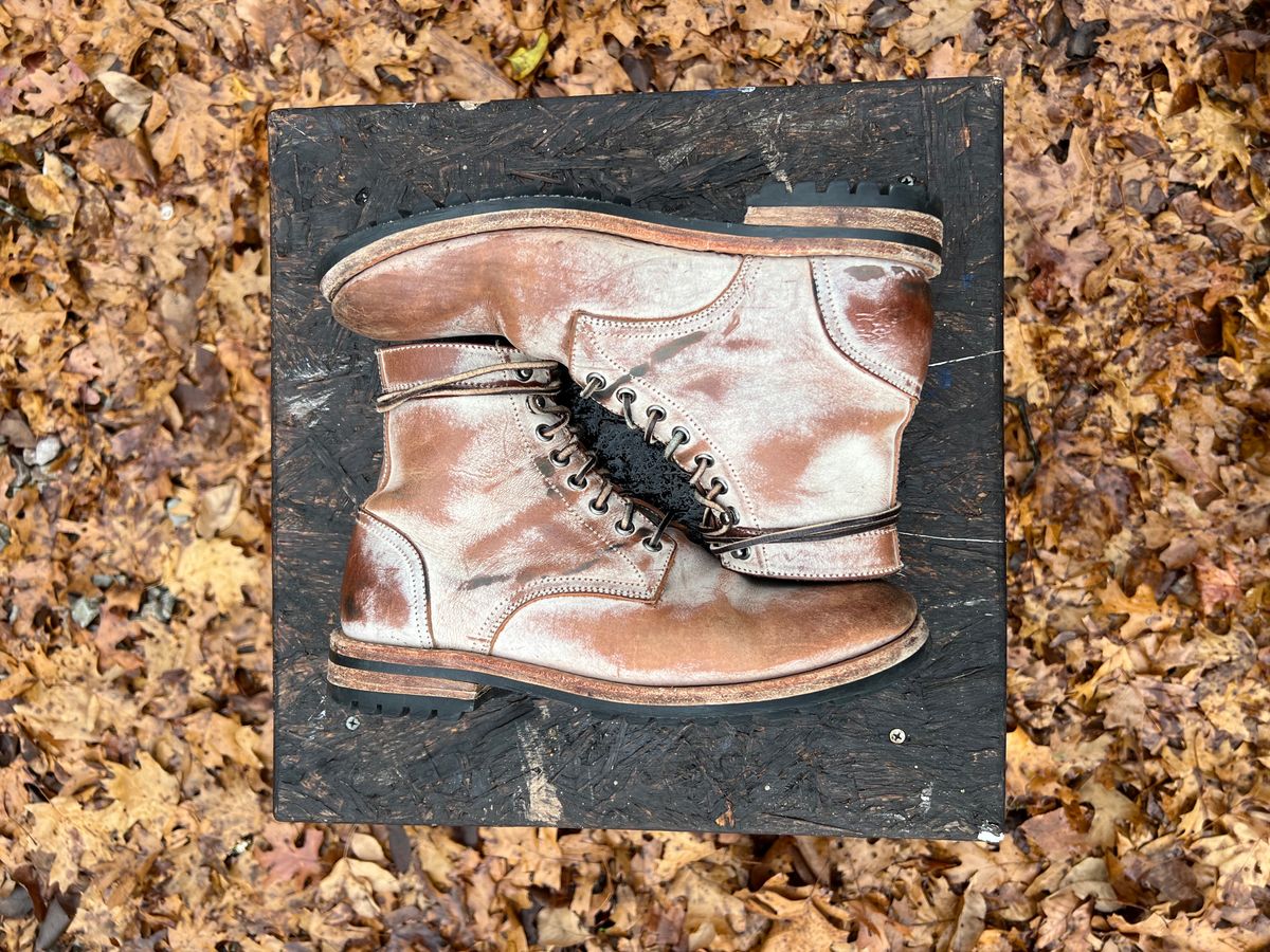 Photo by missouridenimdad on December 1, 2023 of the Oak Street Bootmakers Trench Boot in Volpi Whitewash Overdye Abetone.