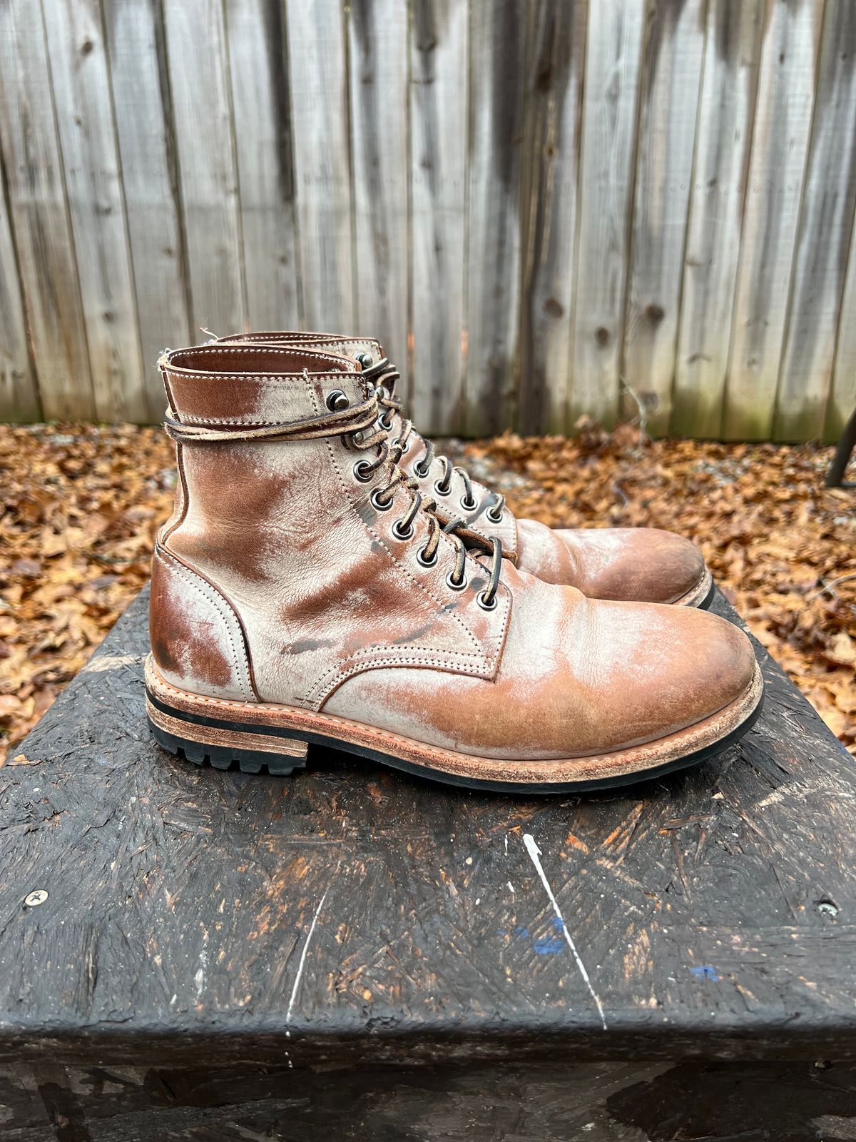 Photo by missouridenimdad on December 1, 2023 of the Oak Street Bootmakers Trench Boot in Volpi Whitewash Overdye Abetone.