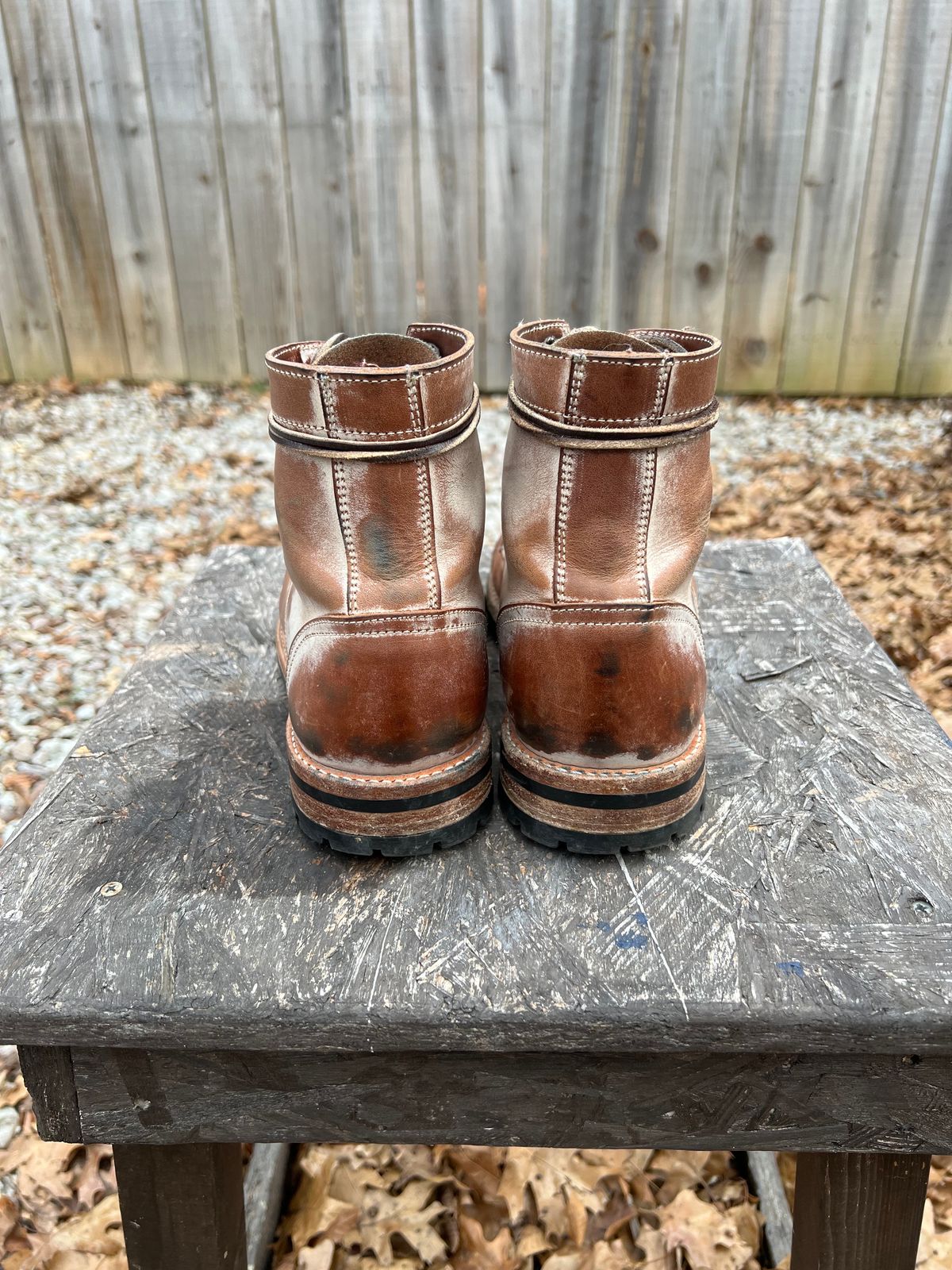 Photo by missouridenimdad on January 1, 2024 of the Oak Street Bootmakers Trench Boot in Volpi Whitewash Overdye Abetone.