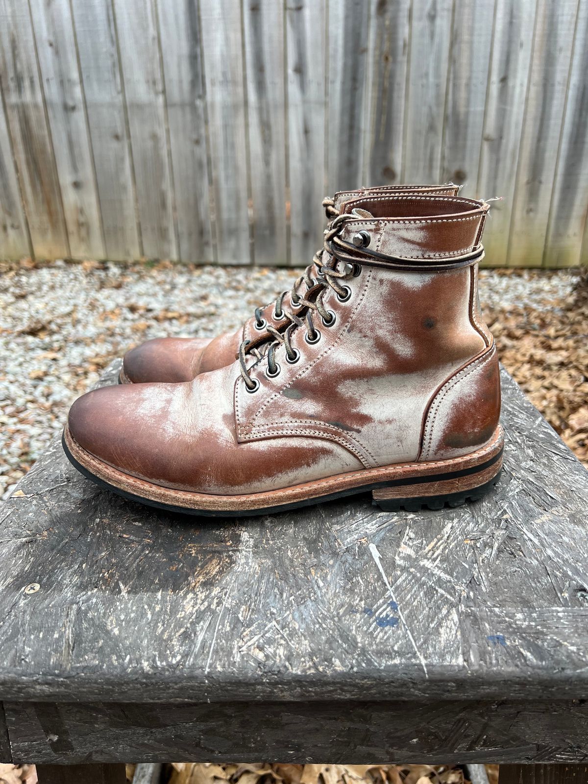 Photo by missouridenimdad on January 1, 2024 of the Oak Street Bootmakers Trench Boot in Volpi Whitewash Overdye Abetone.