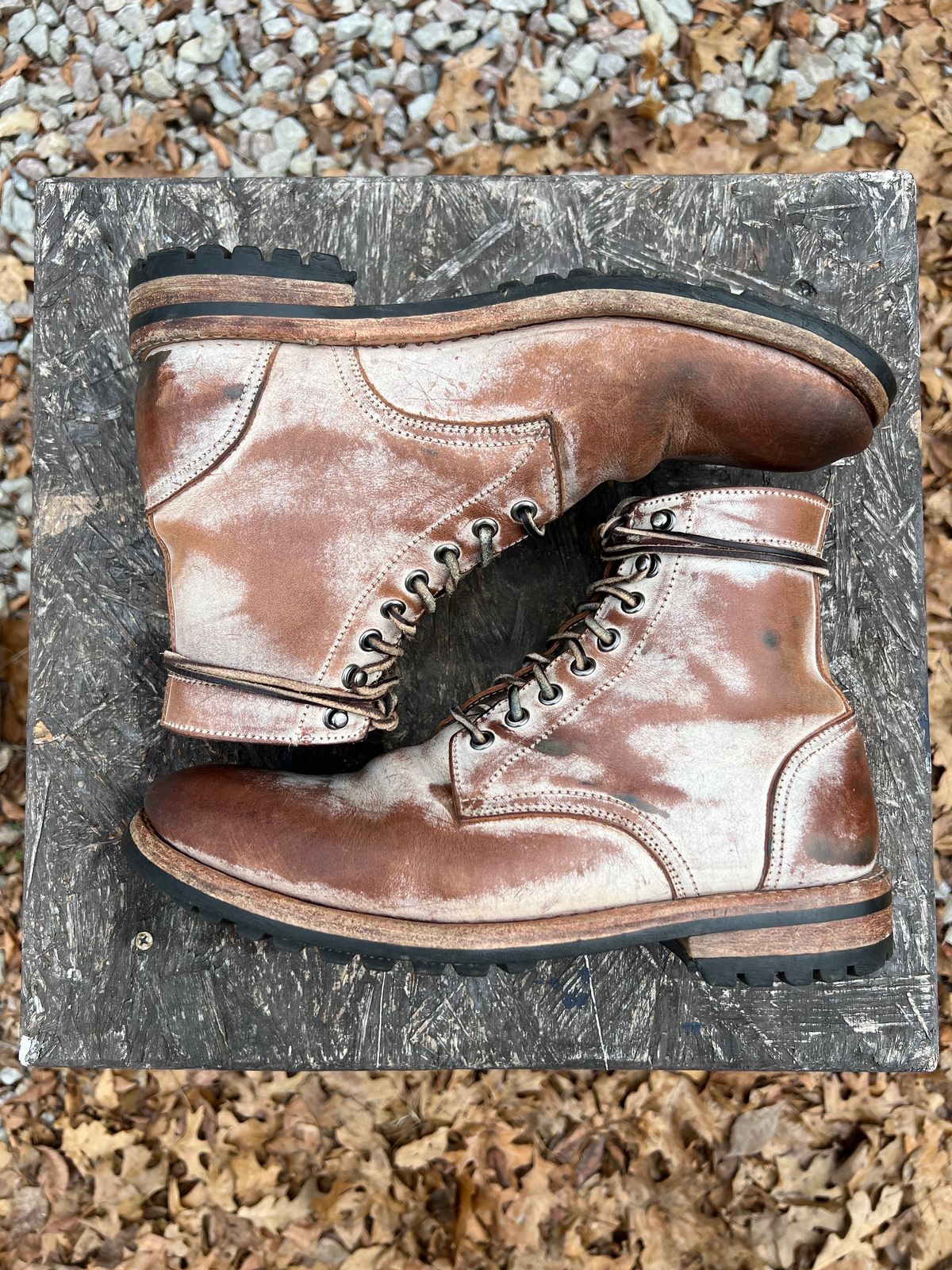 Photo by missouridenimdad on January 1, 2024 of the Oak Street Bootmakers Trench Boot in Volpi Whitewash Overdye Abetone.