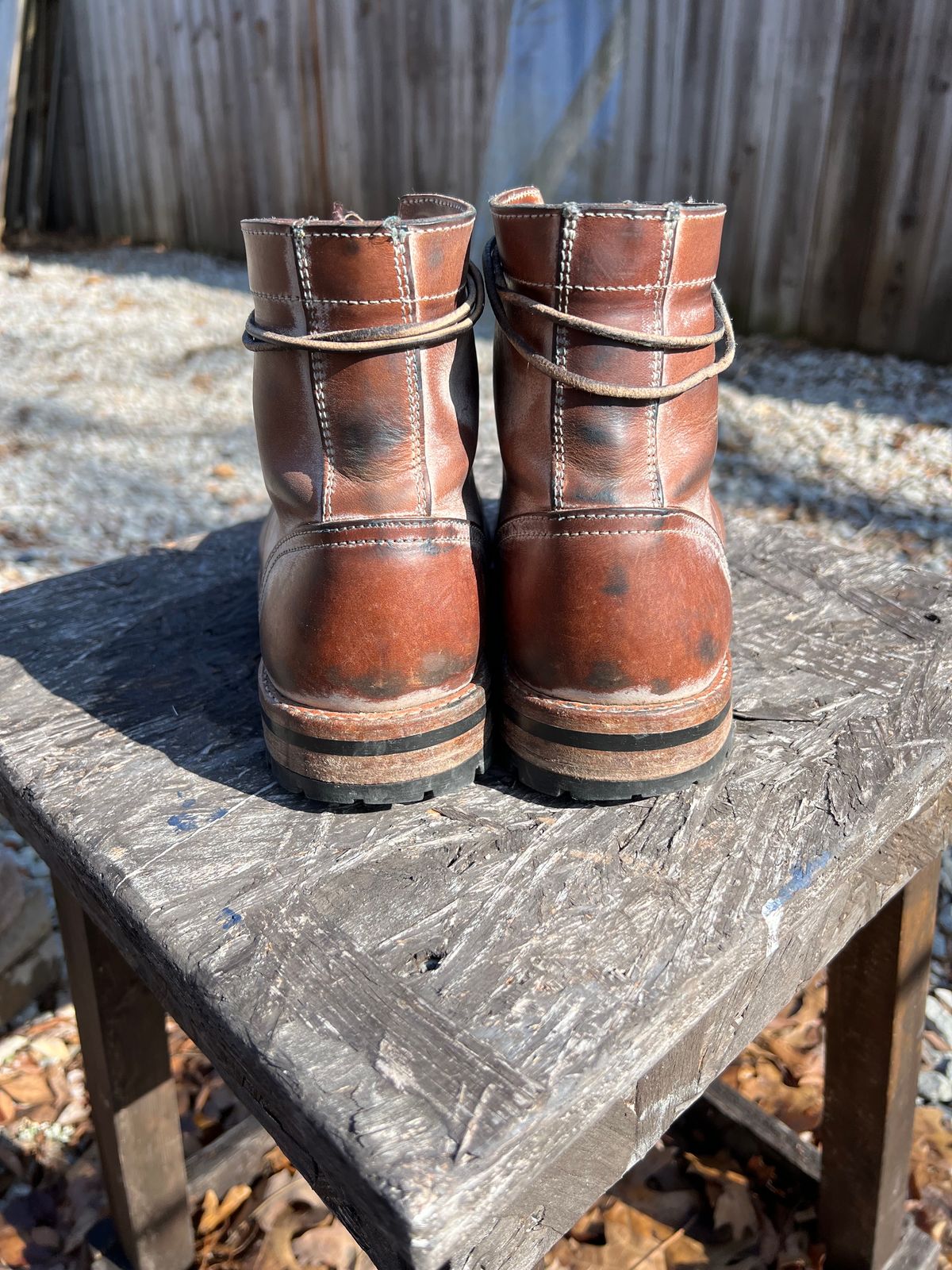 Photo by missouridenimdad on February 1, 2024 of the Oak Street Bootmakers Trench Boot in Volpi Whitewash Overdye Abetone.