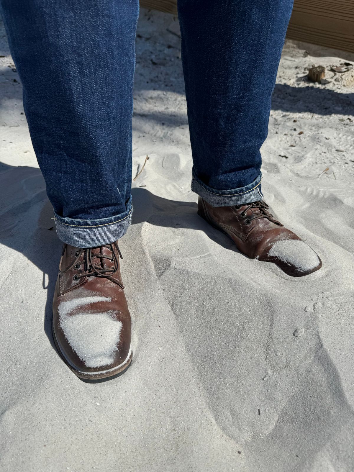 Photo by missouridenimdad on March 1, 2024 of the Oak Street Bootmakers Trench Boot in Volpi Whitewash Overdye Abetone.