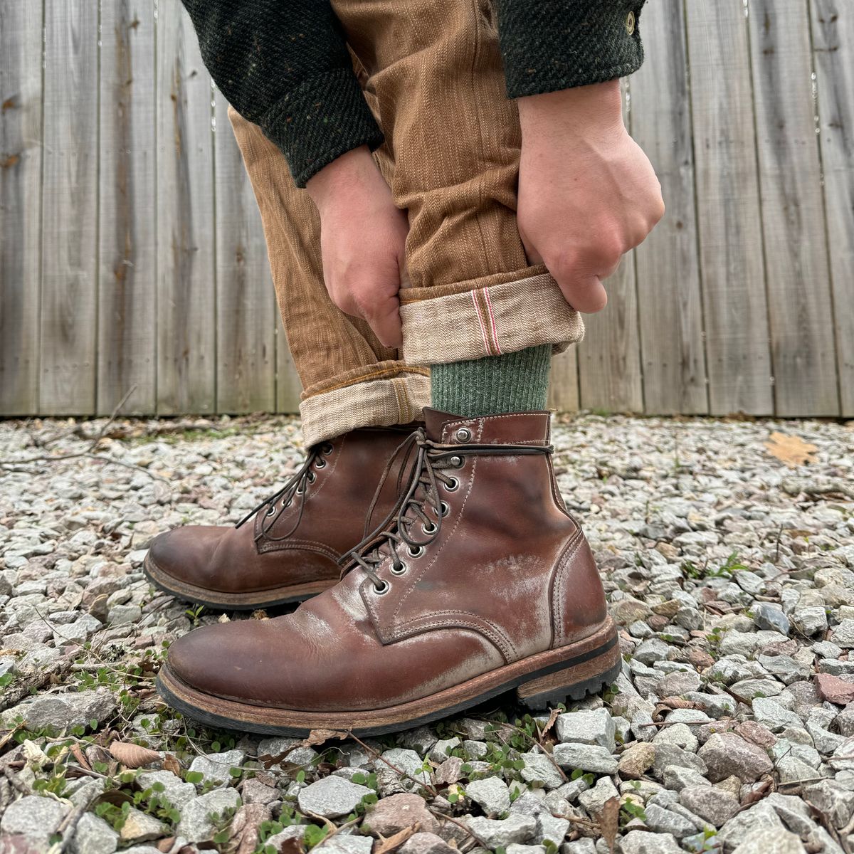 Photo by missouridenimdad on March 24, 2024 of the Oak Street Bootmakers Trench Boot in Volpi Whitewash Overdye Abetone.