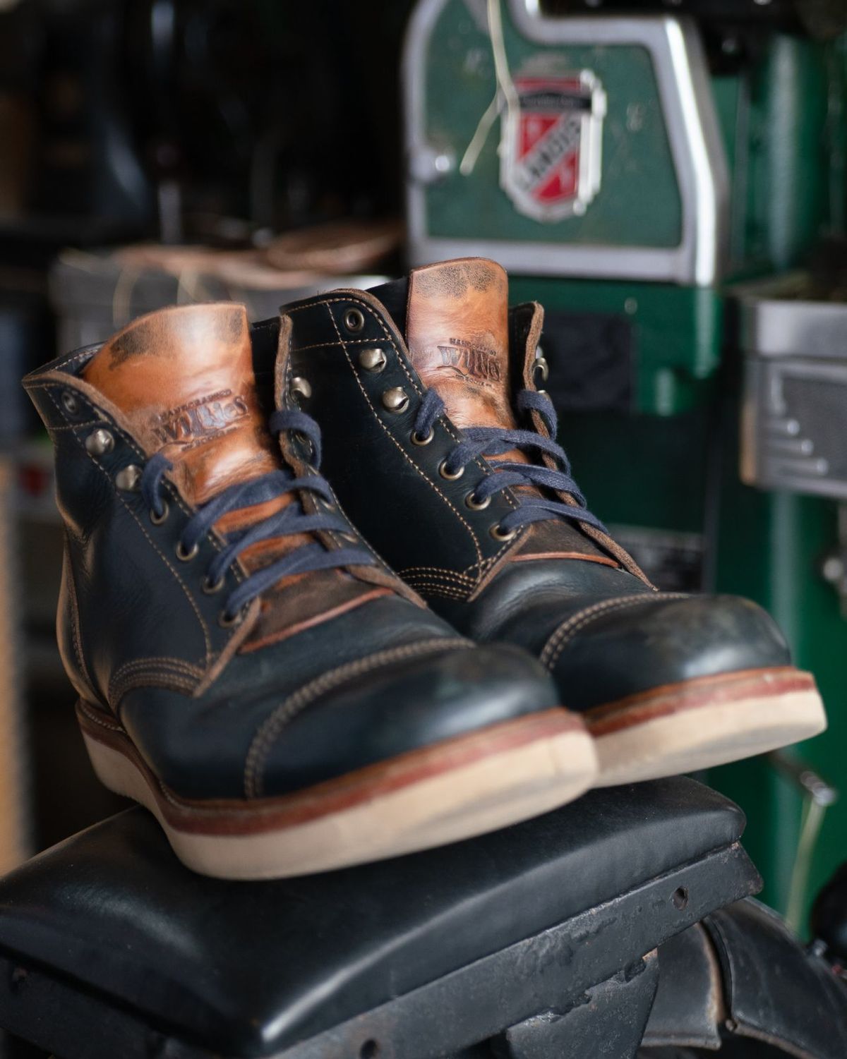 Photo by mjig76 on December 1, 2023 of the Willie's Handmade Boots Cap Toe Service Boot in Horween Navy Chromexcel.