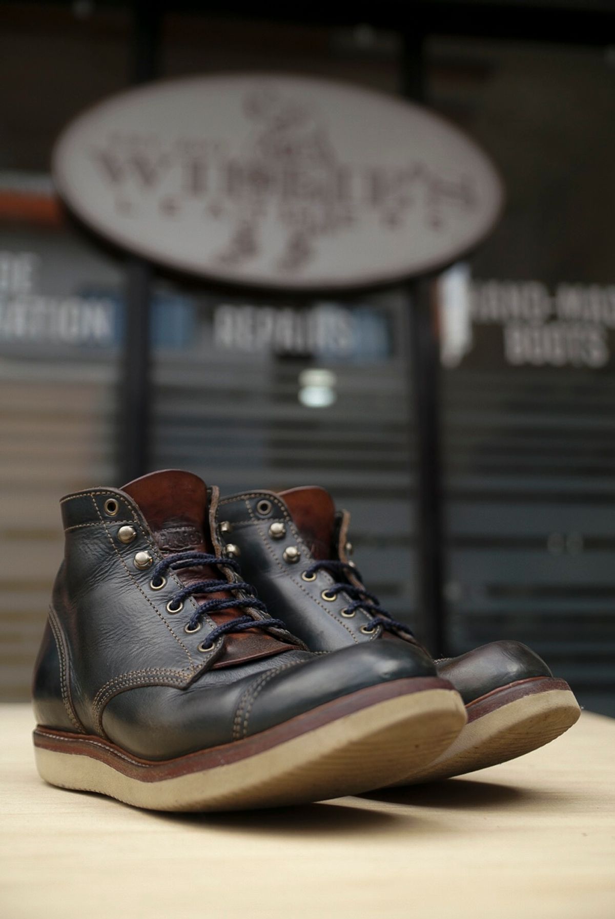 Photo by mjig76 on April 1, 2024 of the Willie's Handmade Boots Cap Toe Service Boot in Horween Navy Chromexcel.