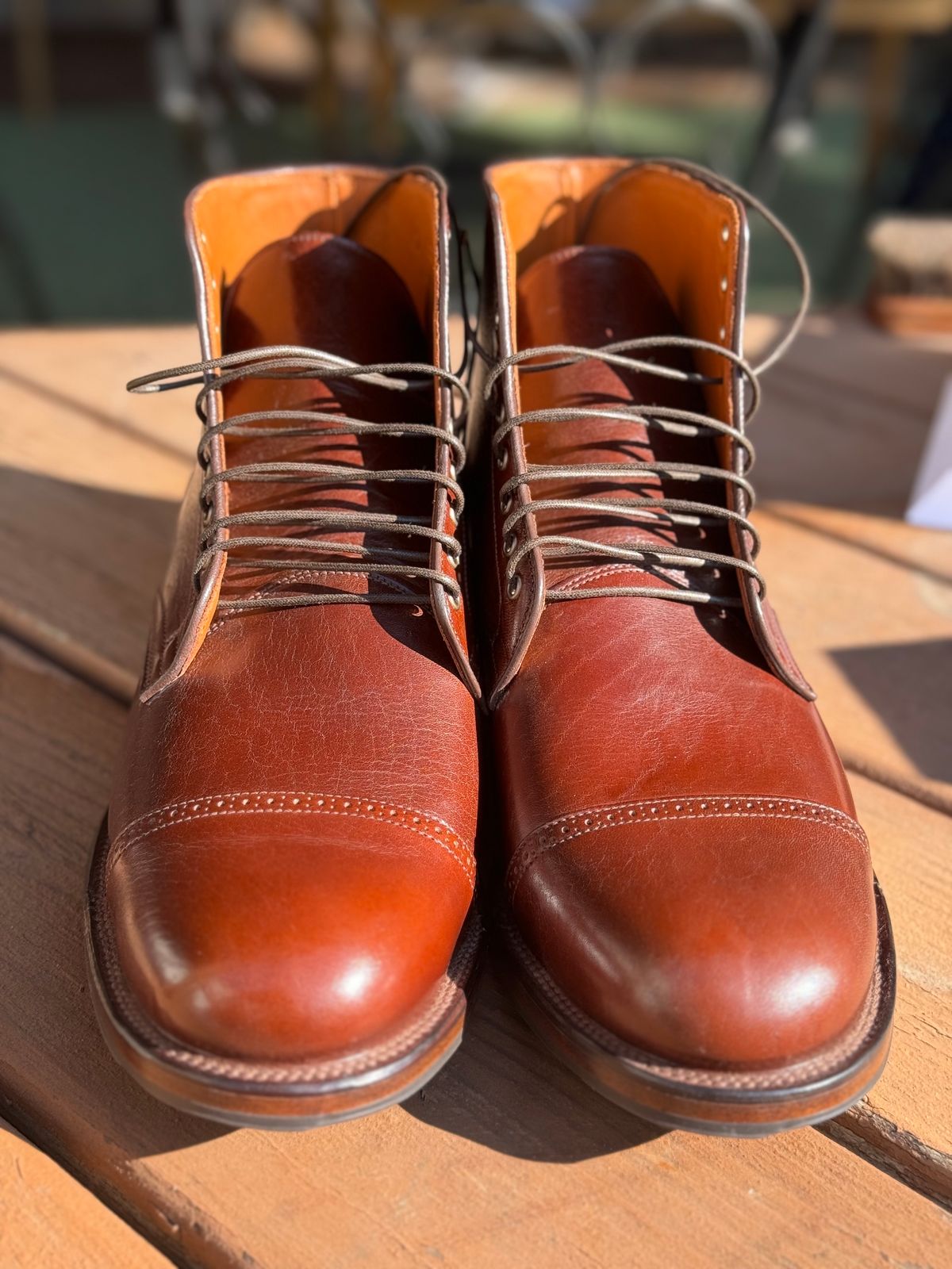 Photo by thatguy92 on October 1, 2023 of the Viberg Service Boot BCT in Shinki Cognac Teacore Horsebutt.