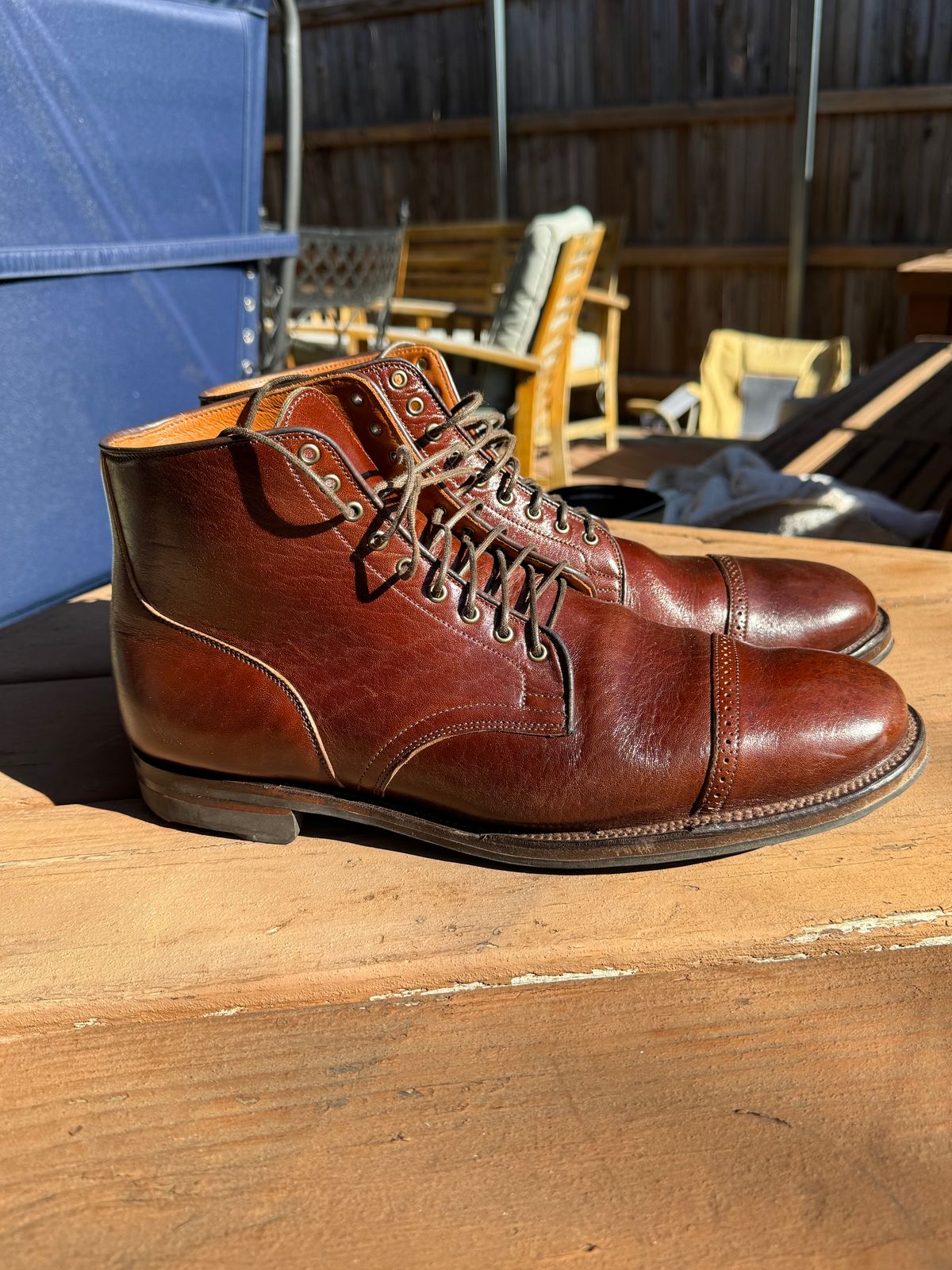 Photo by thatguy92 on December 3, 2023 of the Viberg Service Boot BCT in Shinki Cognac Teacore Horsebutt.