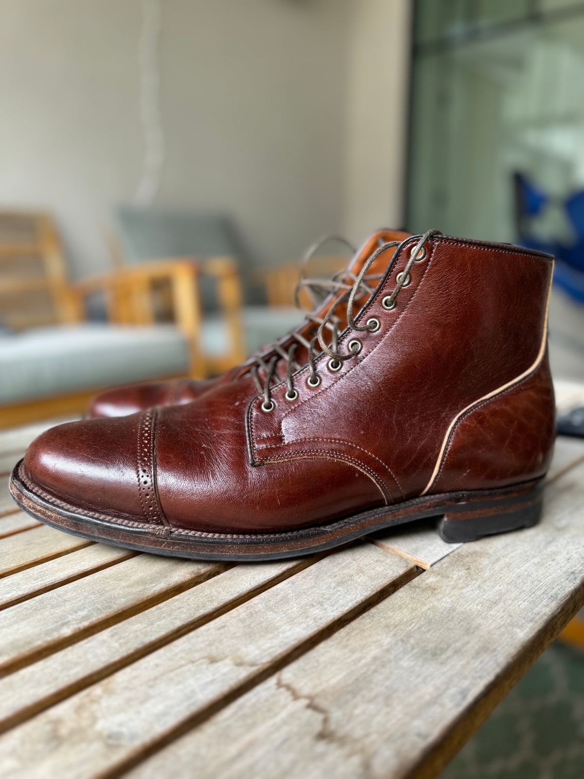 Photo by thatguy92 on April 1, 2024 of the Viberg Service Boot BCT in Shinki Cognac Teacore Horsebutt.