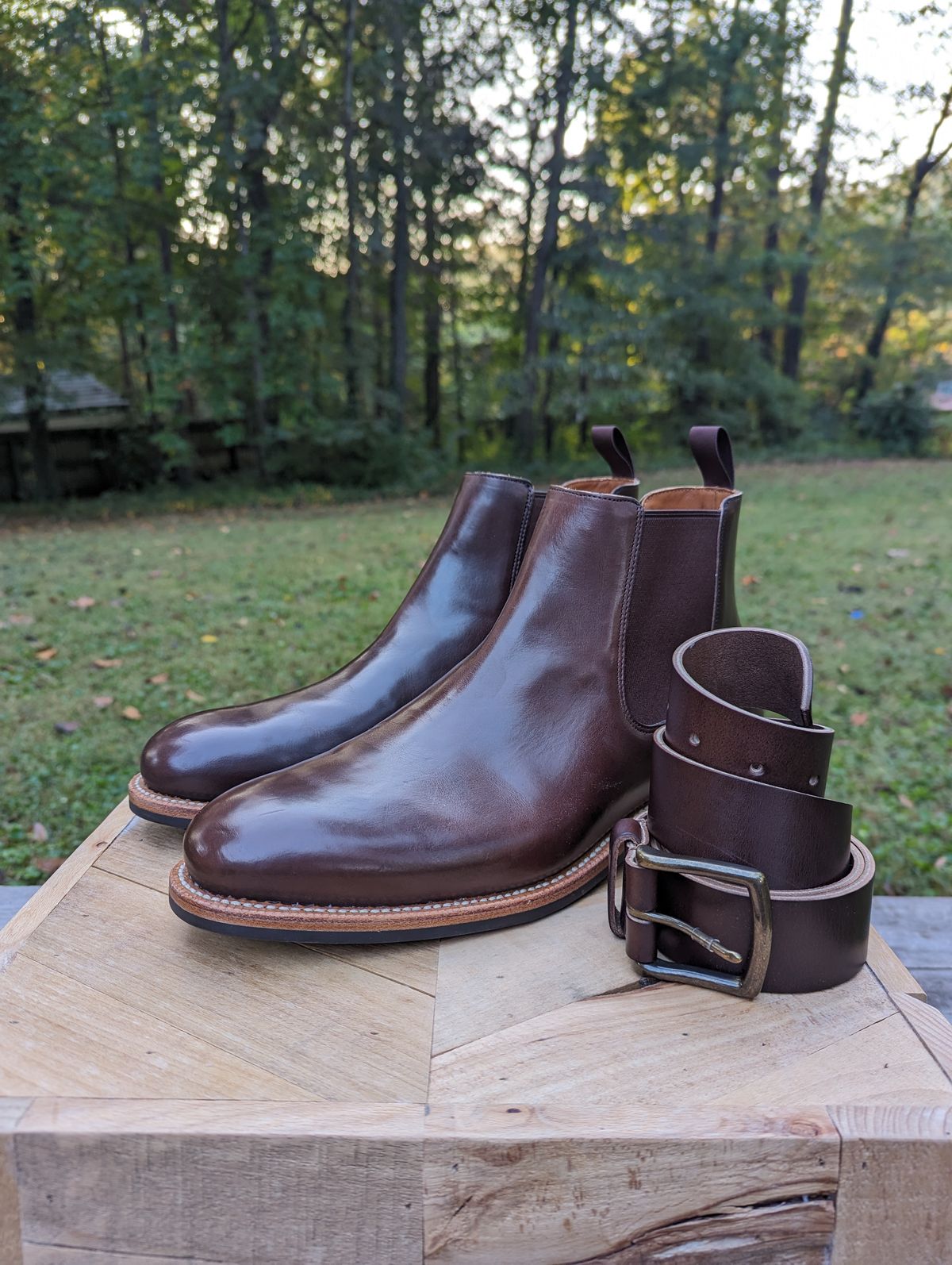 Photo by jrlyons21 on October 1, 2023 of the Grant Stone Chelsea Boot in Horween Crimson Chromexcel.