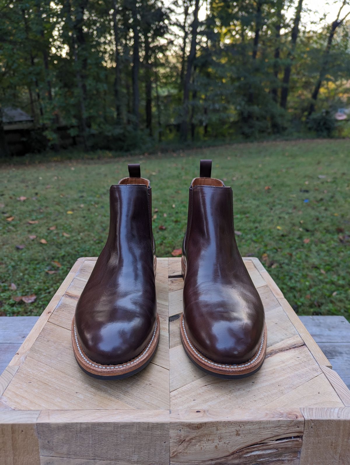 Photo by jrlyons21 on October 1, 2023 of the Grant Stone Chelsea Boot in Horween Crimson Chromexcel.