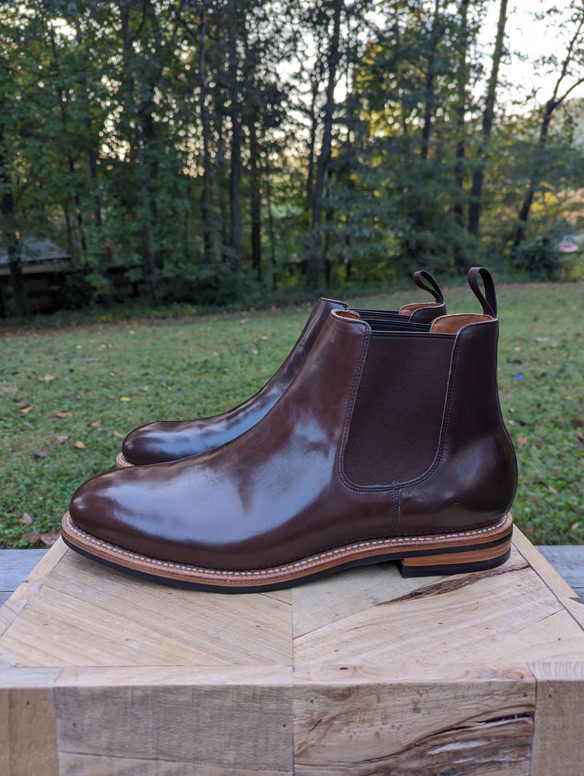 Photo by jrlyons21 on October 1, 2023 of the Grant Stone Chelsea Boot in Horween Crimson Chromexcel.