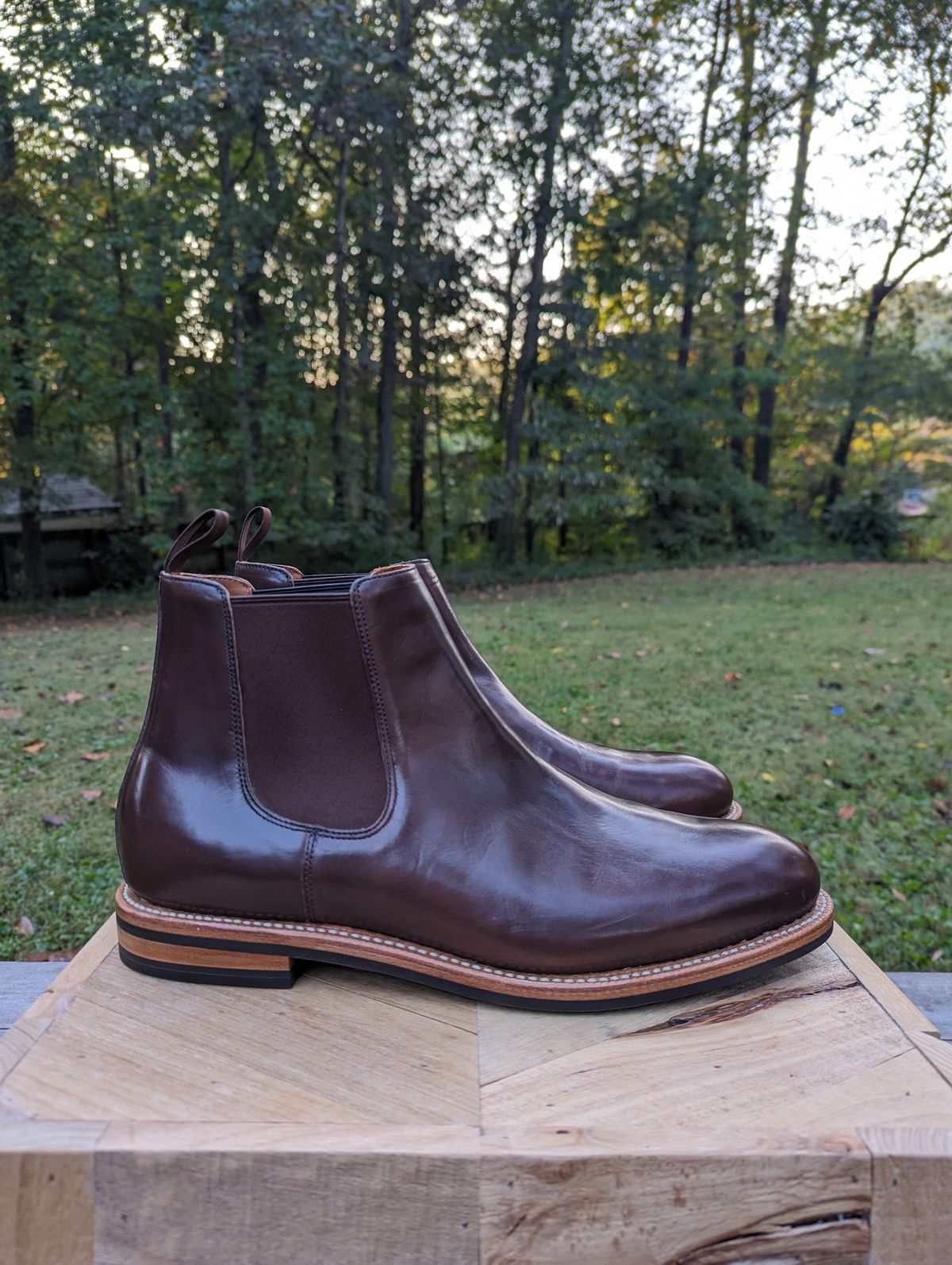 Photo by jrlyons21 on October 1, 2023 of the Grant Stone Chelsea Boot in Horween Crimson Chromexcel.