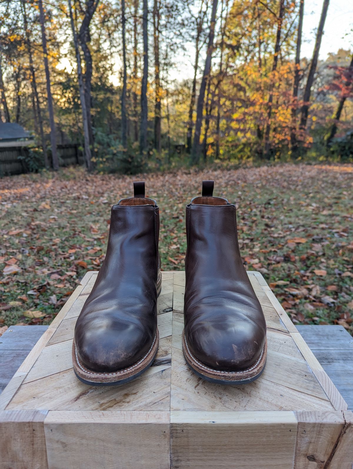 Photo by jrlyons21 on November 6, 2023 of the Grant Stone Chelsea Boot in Horween Crimson Chromexcel.