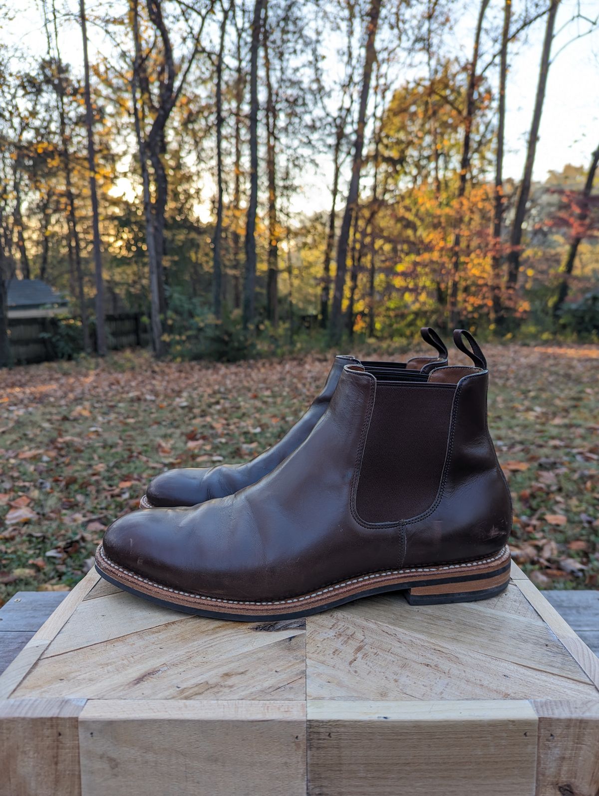 Photo by jrlyons21 on November 6, 2023 of the Grant Stone Chelsea Boot in Horween Crimson Chromexcel.