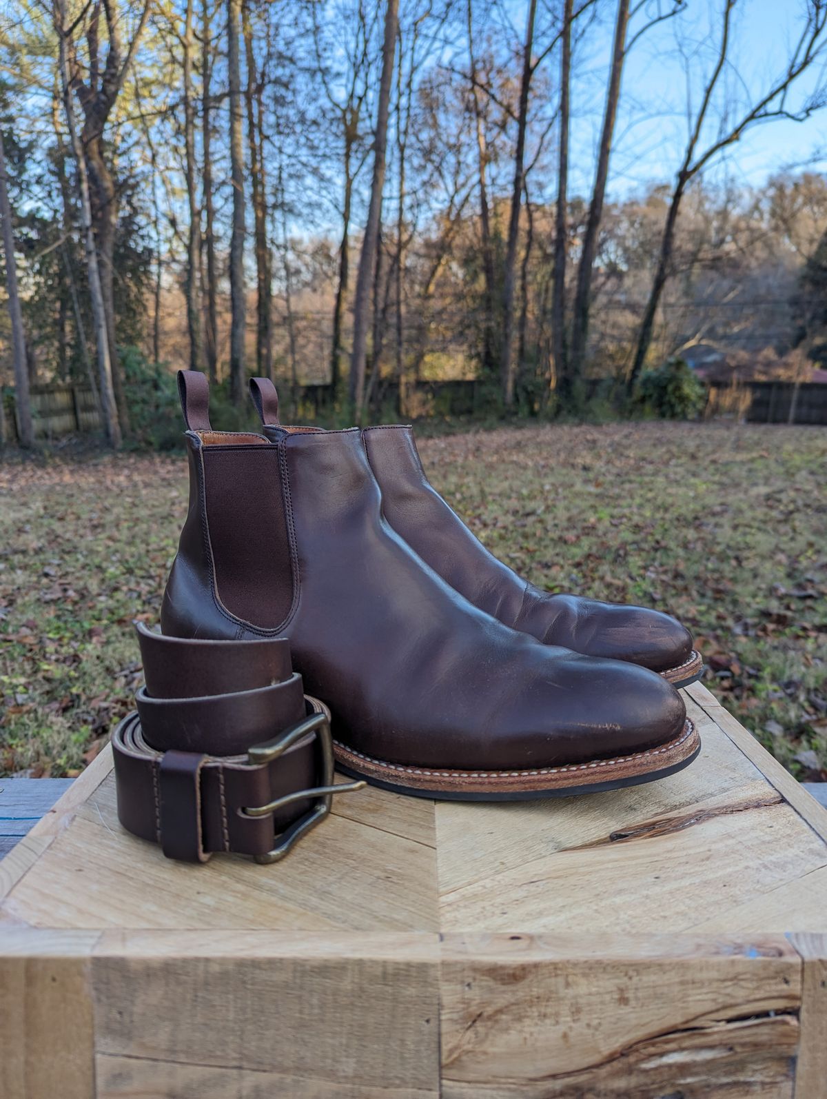 Photo by jrlyons21 on December 5, 2023 of the Grant Stone Chelsea Boot in Horween Crimson Chromexcel.