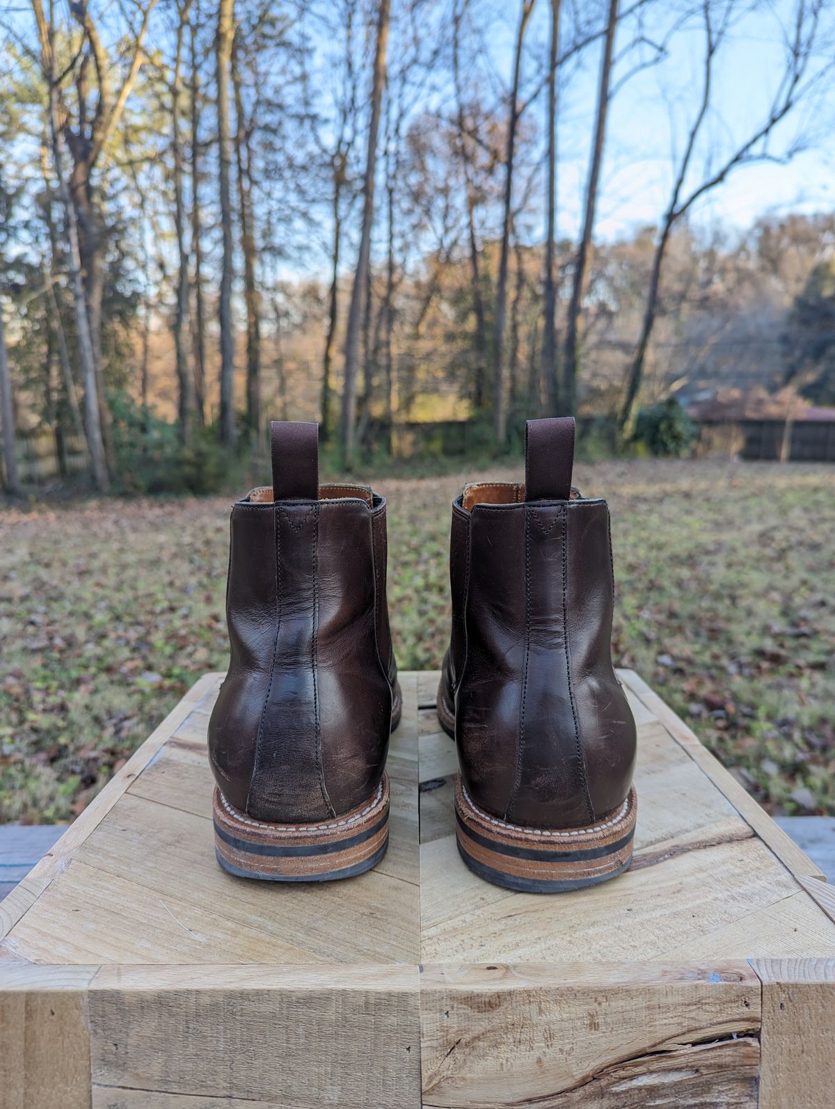 Photo by jrlyons21 on December 5, 2023 of the Grant Stone Chelsea Boot in Horween Crimson Chromexcel.