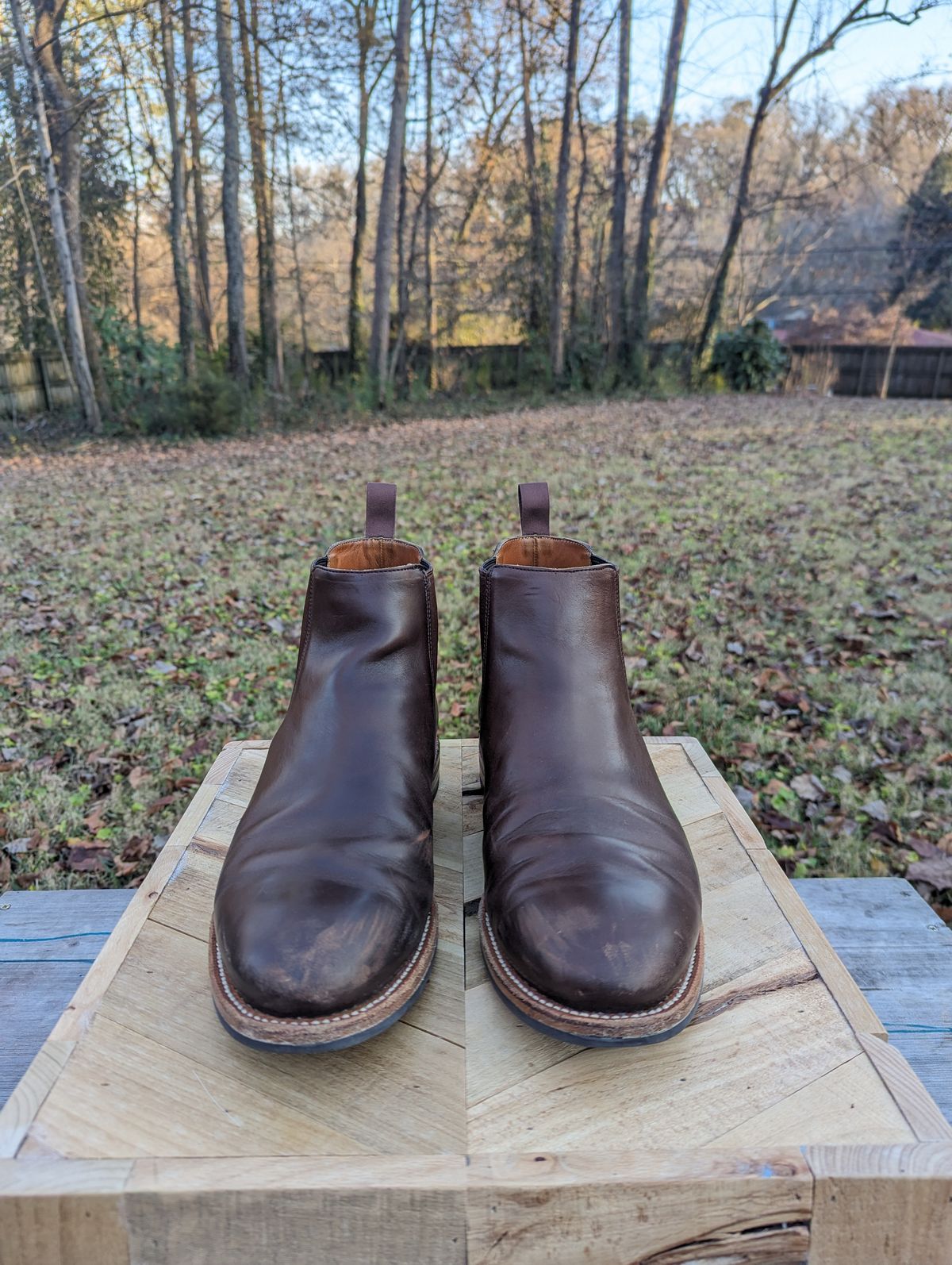 Photo by jrlyons21 on December 5, 2023 of the Grant Stone Chelsea Boot in Horween Crimson Chromexcel.