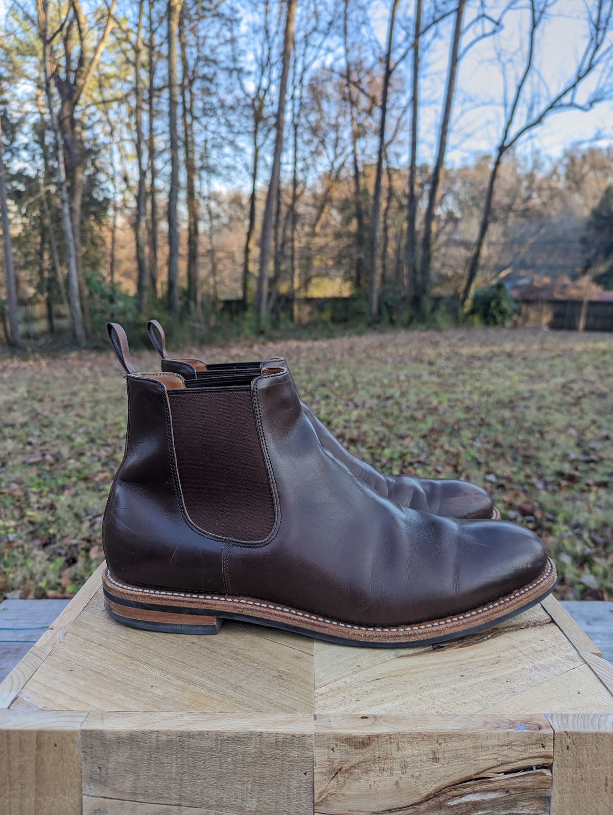 Photo by jrlyons21 on December 5, 2023 of the Grant Stone Chelsea Boot in Horween Crimson Chromexcel.