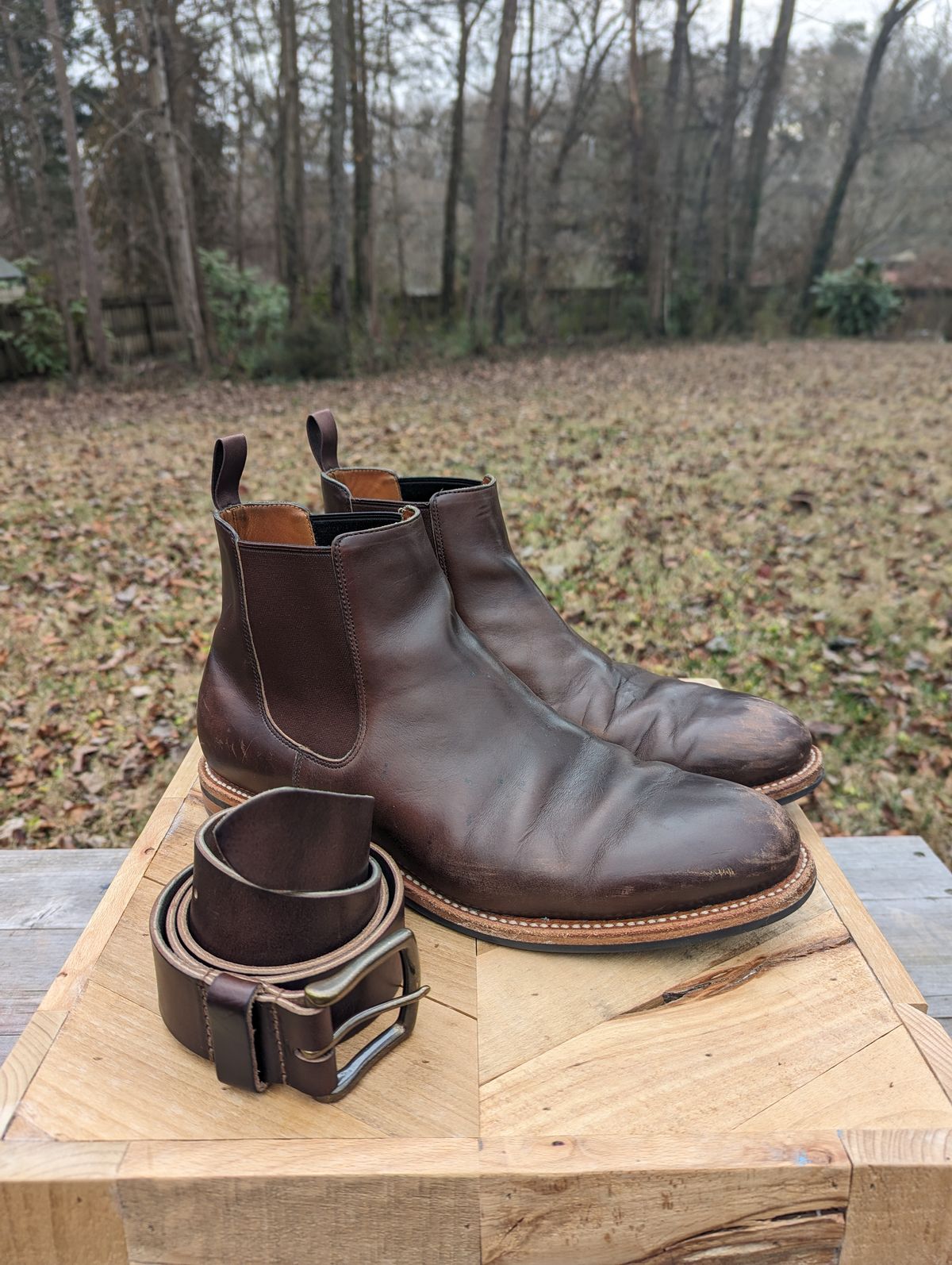 Photo by jrlyons21 on January 1, 2024 of the Grant Stone Chelsea Boot in Horween Crimson Chromexcel.