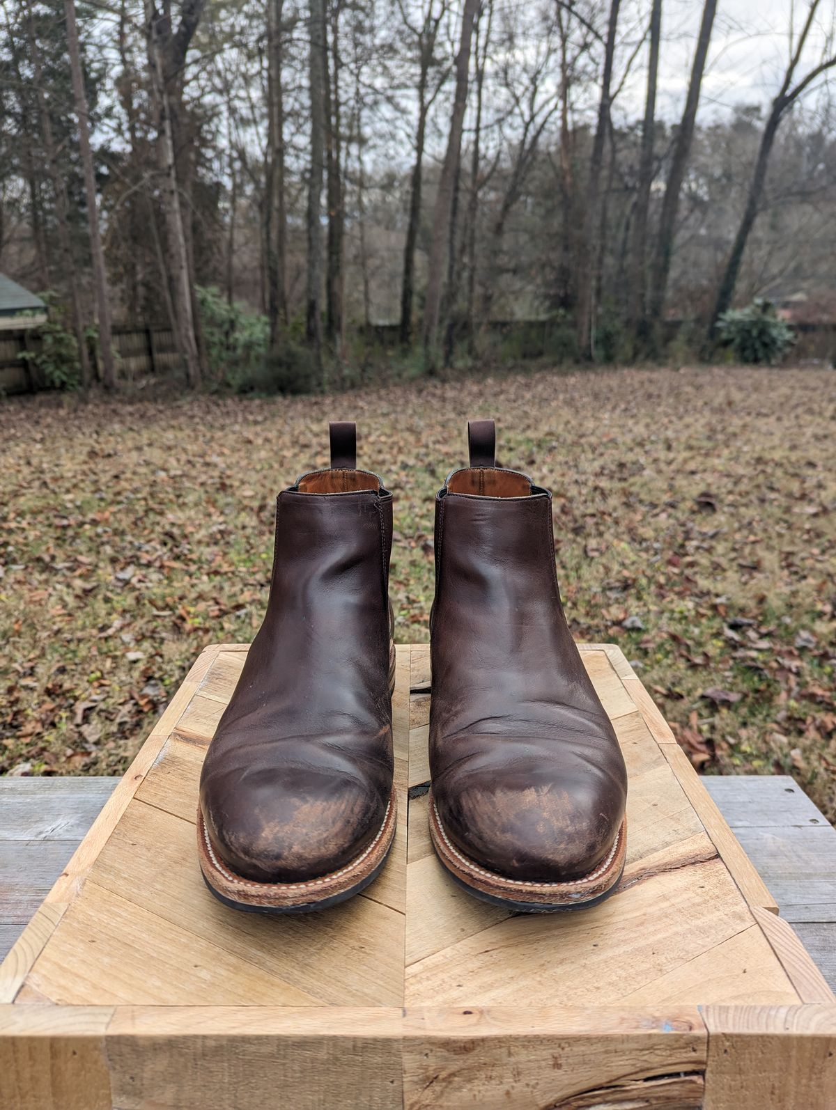 Photo by jrlyons21 on January 1, 2024 of the Grant Stone Chelsea Boot in Horween Crimson Chromexcel.