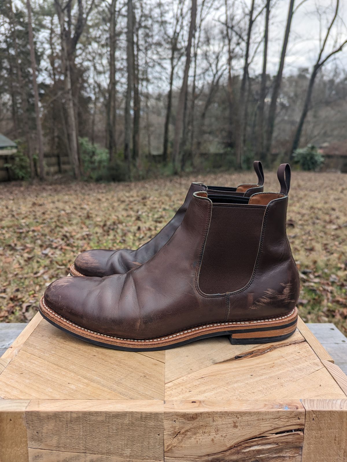 Photo by jrlyons21 on January 1, 2024 of the Grant Stone Chelsea Boot in Horween Crimson Chromexcel.