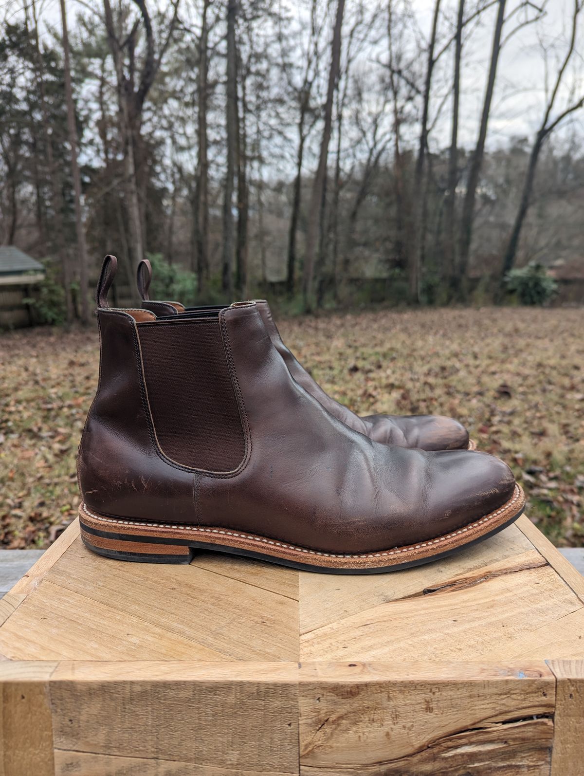 Photo by jrlyons21 on January 1, 2024 of the Grant Stone Chelsea Boot in Horween Crimson Chromexcel.
