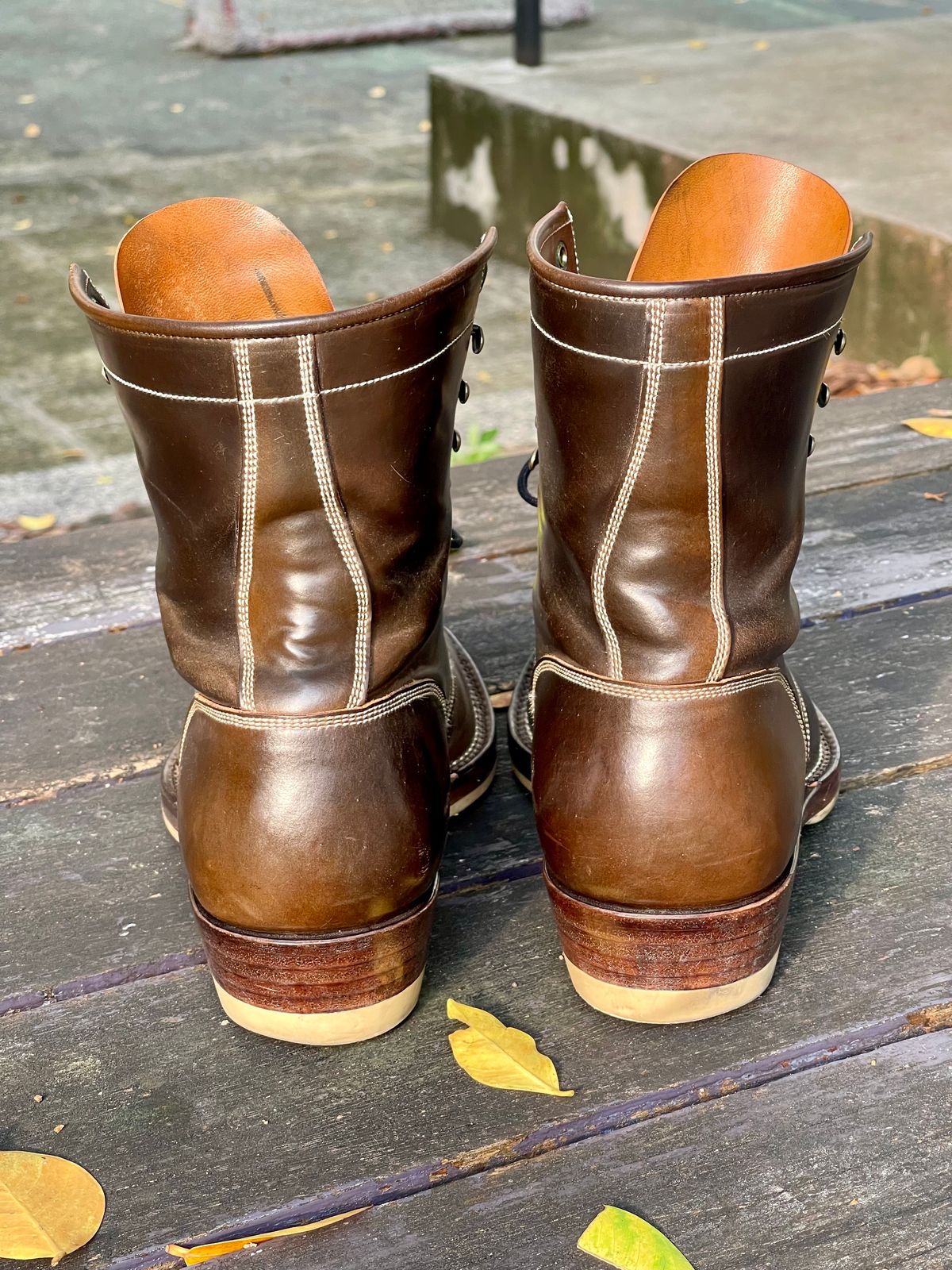 Photo by thebootscientist on December 1, 2022 of the Onderhoud SVC02 Packer Boot in Horween Dark Cognac Shell Cordovan.