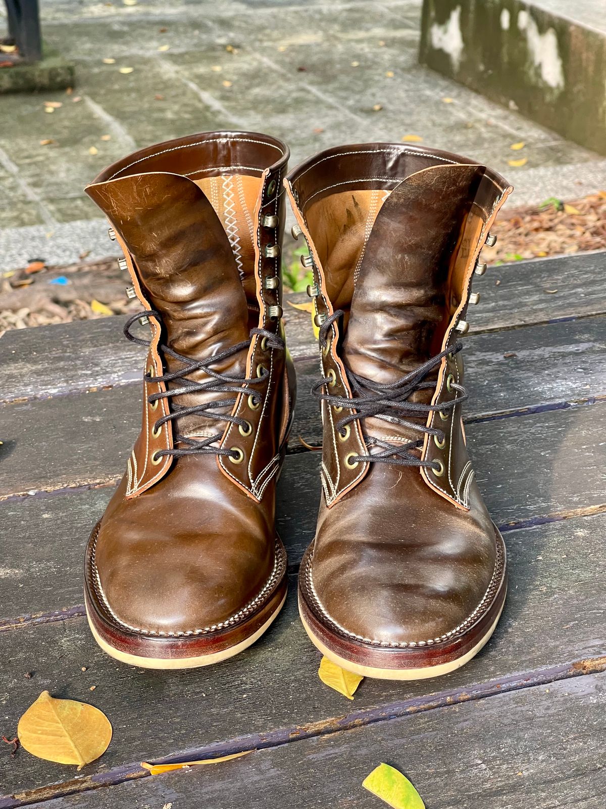 Photo by thebootscientist on December 1, 2022 of the Onderhoud SVC02 Packer Boot in Horween Dark Cognac Shell Cordovan.