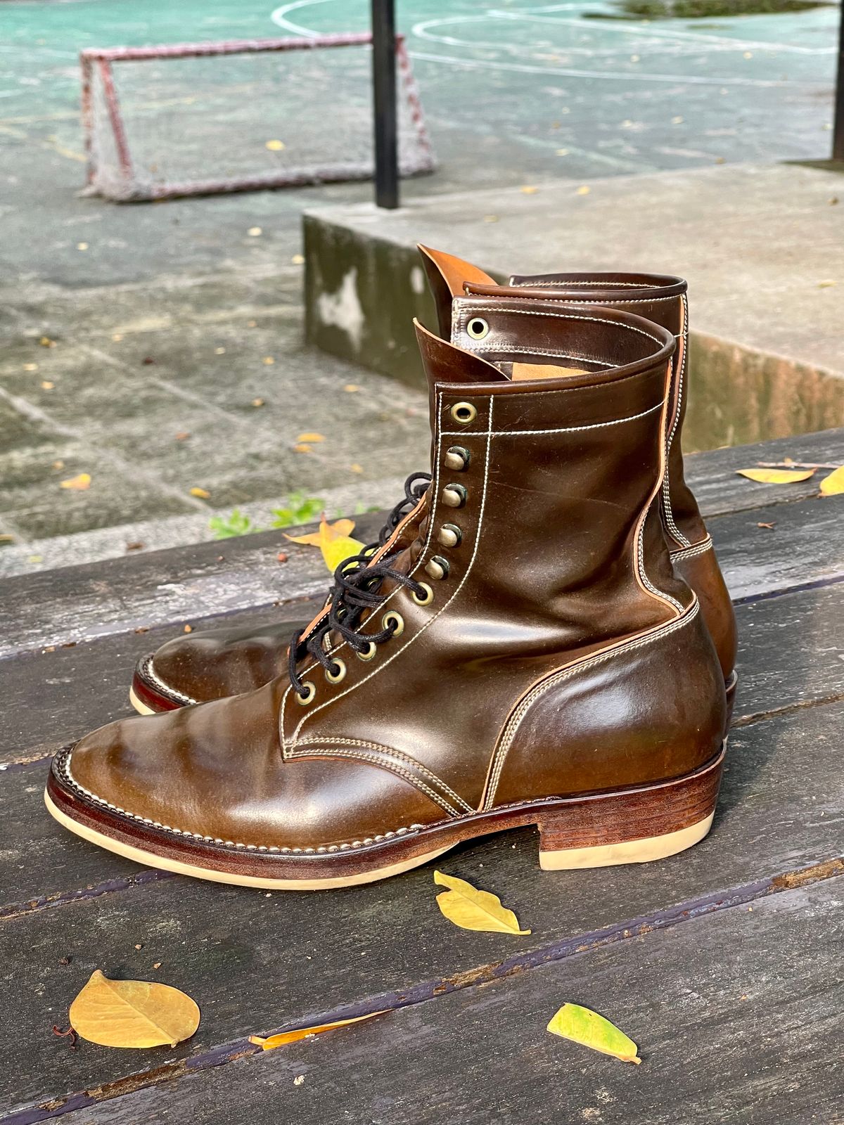 Photo by thebootscientist on December 1, 2022 of the Onderhoud SVC02 Packer Boot in Horween Dark Cognac Shell Cordovan.