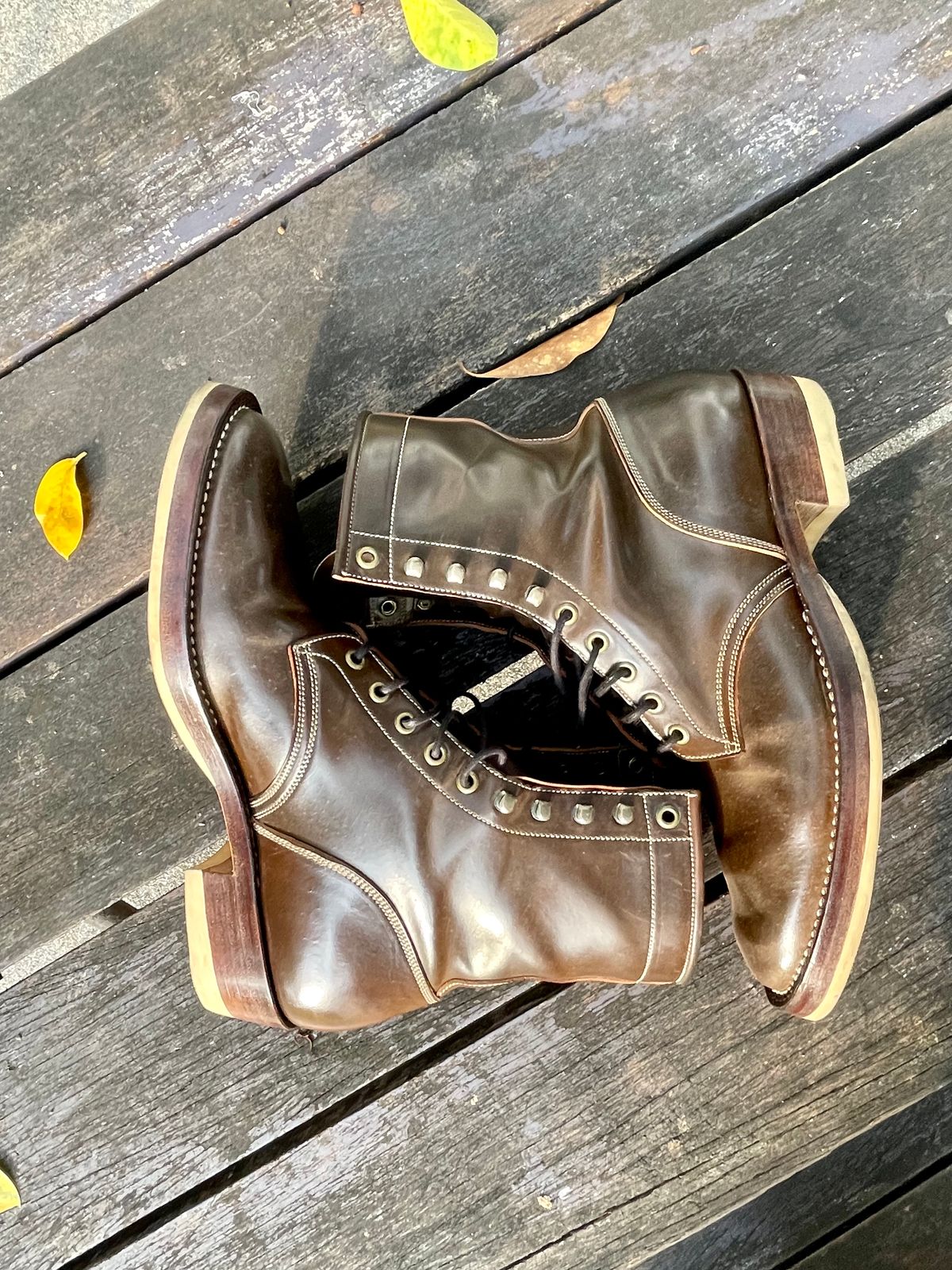 Photo by thebootscientist on December 1, 2022 of the Onderhoud SVC02 Packer Boot in Horween Dark Cognac Shell Cordovan.