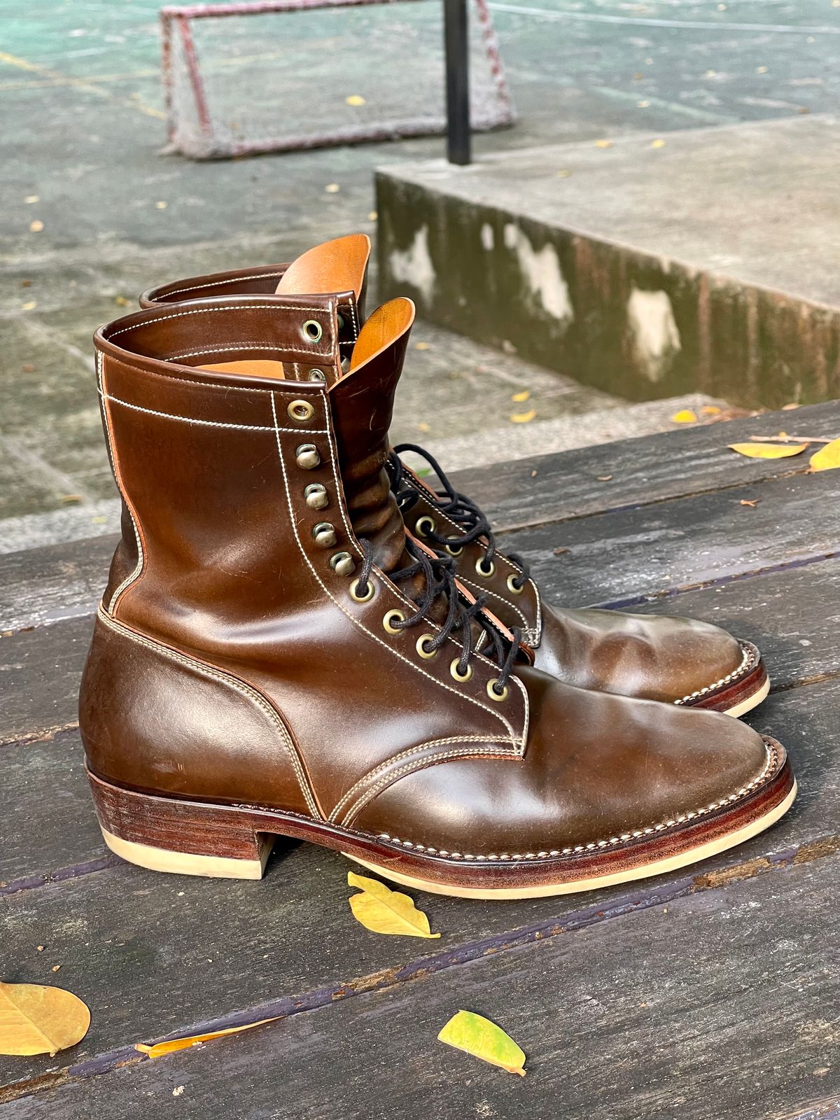 Photo by thebootscientist on December 1, 2022 of the Onderhoud SVC02 Packer Boot in Horween Dark Cognac Shell Cordovan.