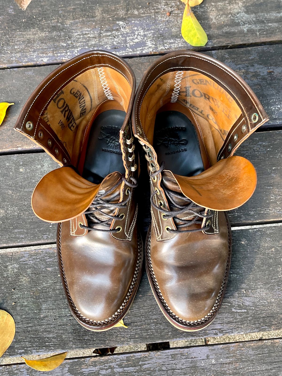 Photo by thebootscientist on December 1, 2022 of the Onderhoud SVC02 Packer Boot in Horween Dark Cognac Shell Cordovan.
