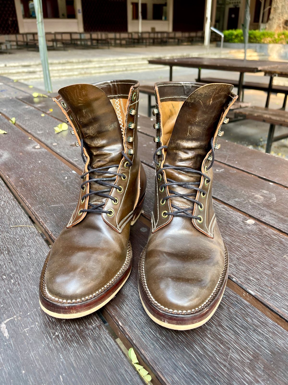 Photo by thebootscientist on January 1, 2023 of the Onderhoud SVC02 Packer Boot in Horween Dark Cognac Shell Cordovan.