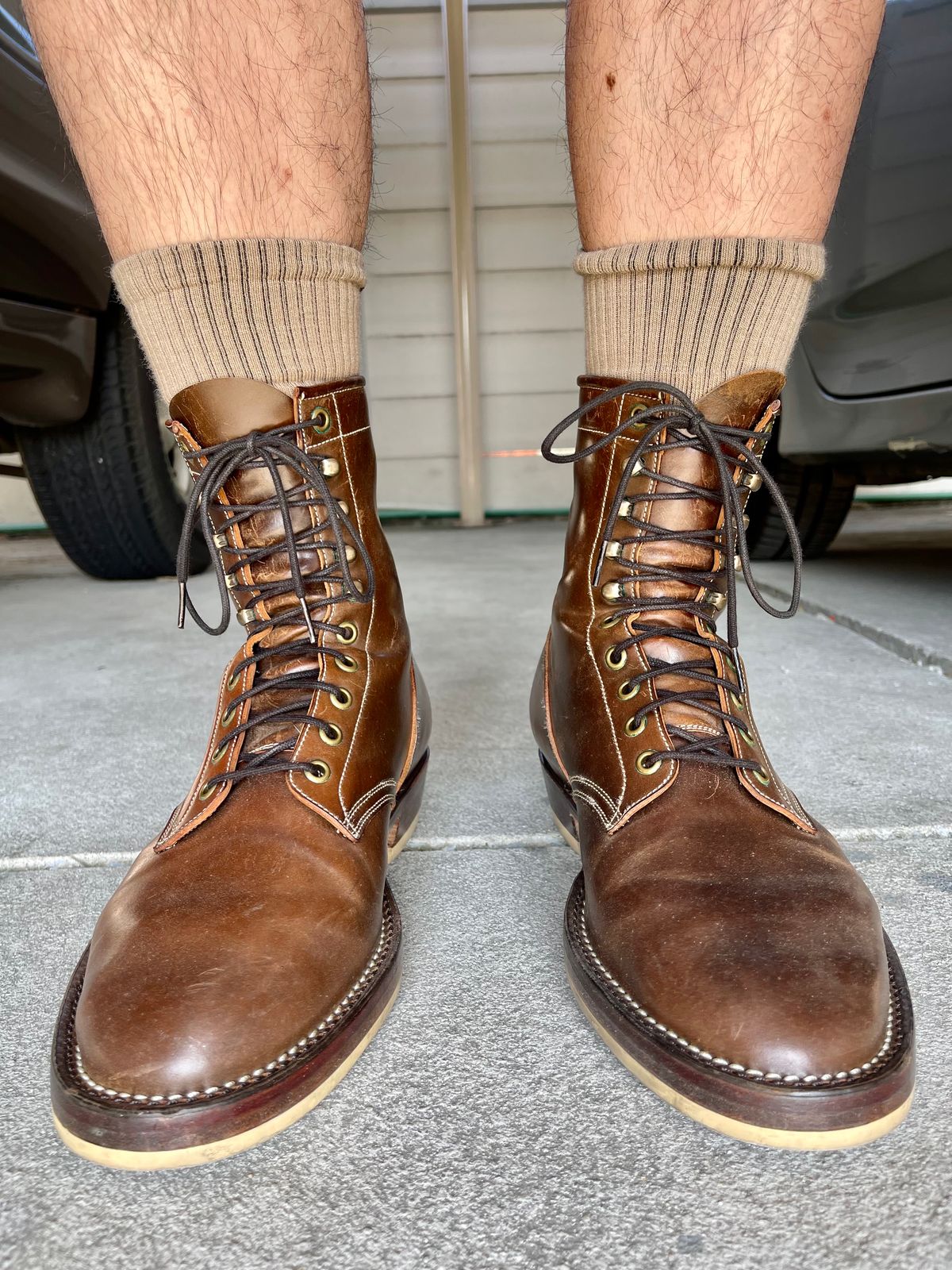 Photo by thebootscientist on February 1, 2023 of the Onderhoud SVC02 Packer Boot in Horween Dark Cognac Shell Cordovan.