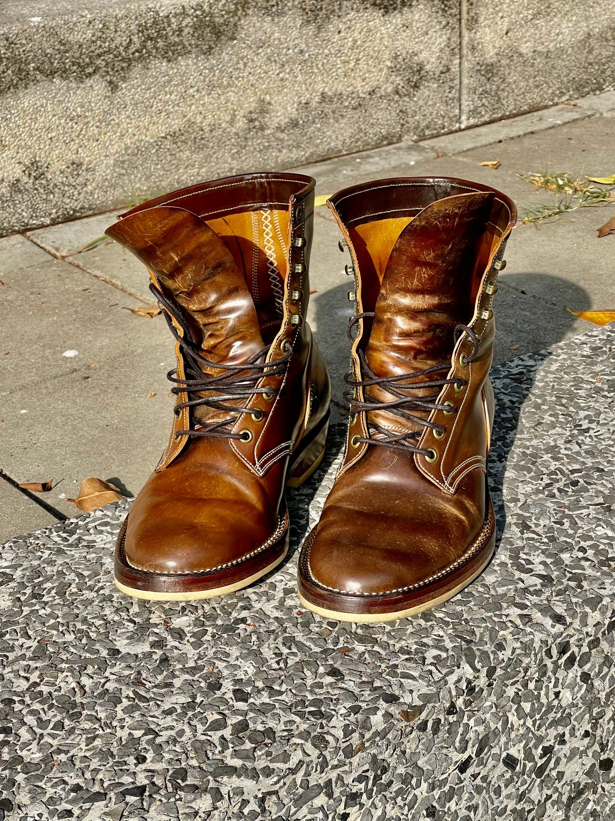 Photo by thebootscientist on February 1, 2023 of the Onderhoud SVC02 Packer Boot in Horween Dark Cognac Shell Cordovan.