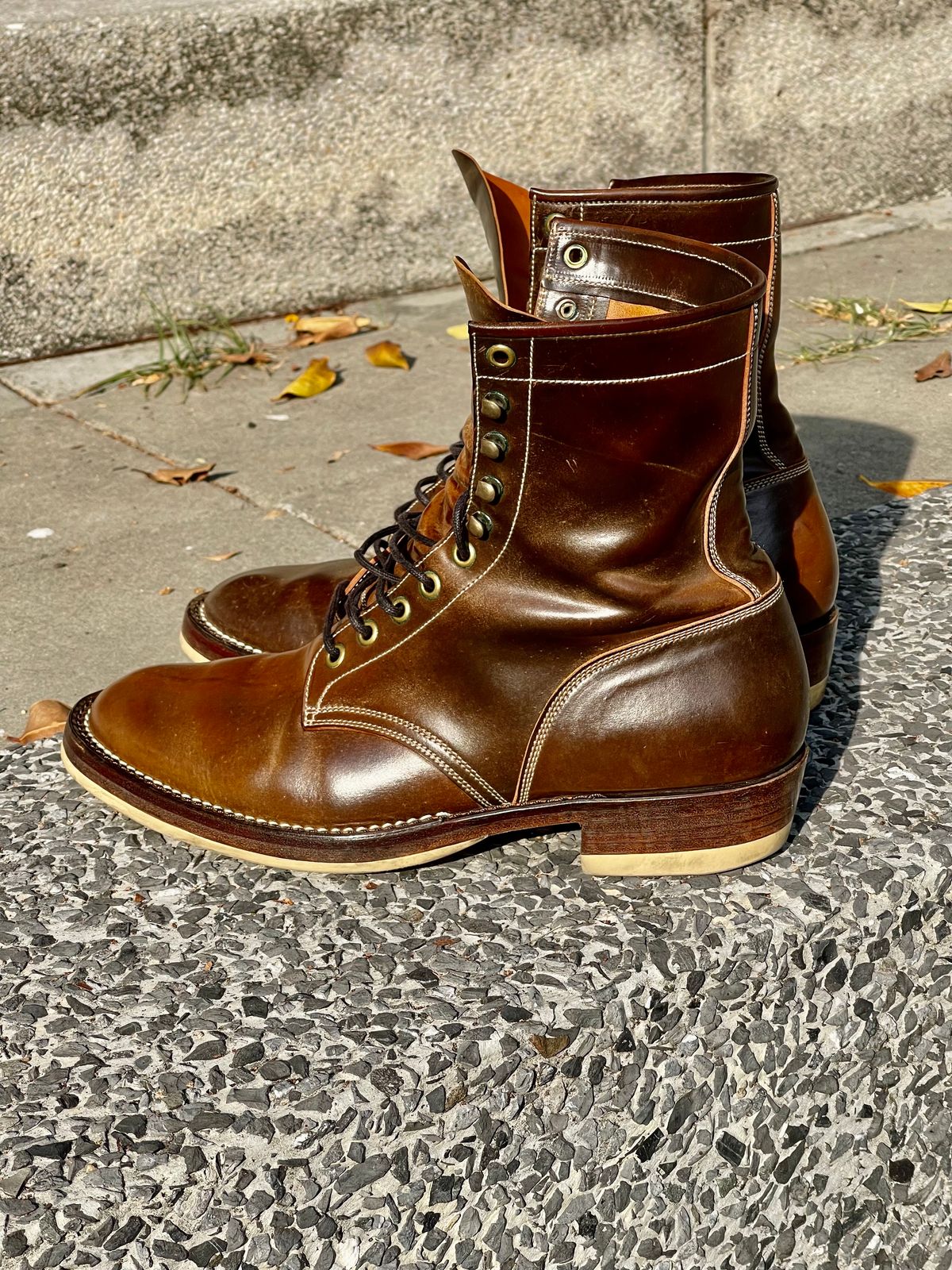 Photo by thebootscientist on February 1, 2023 of the Onderhoud SVC02 Packer Boot in Horween Dark Cognac Shell Cordovan.