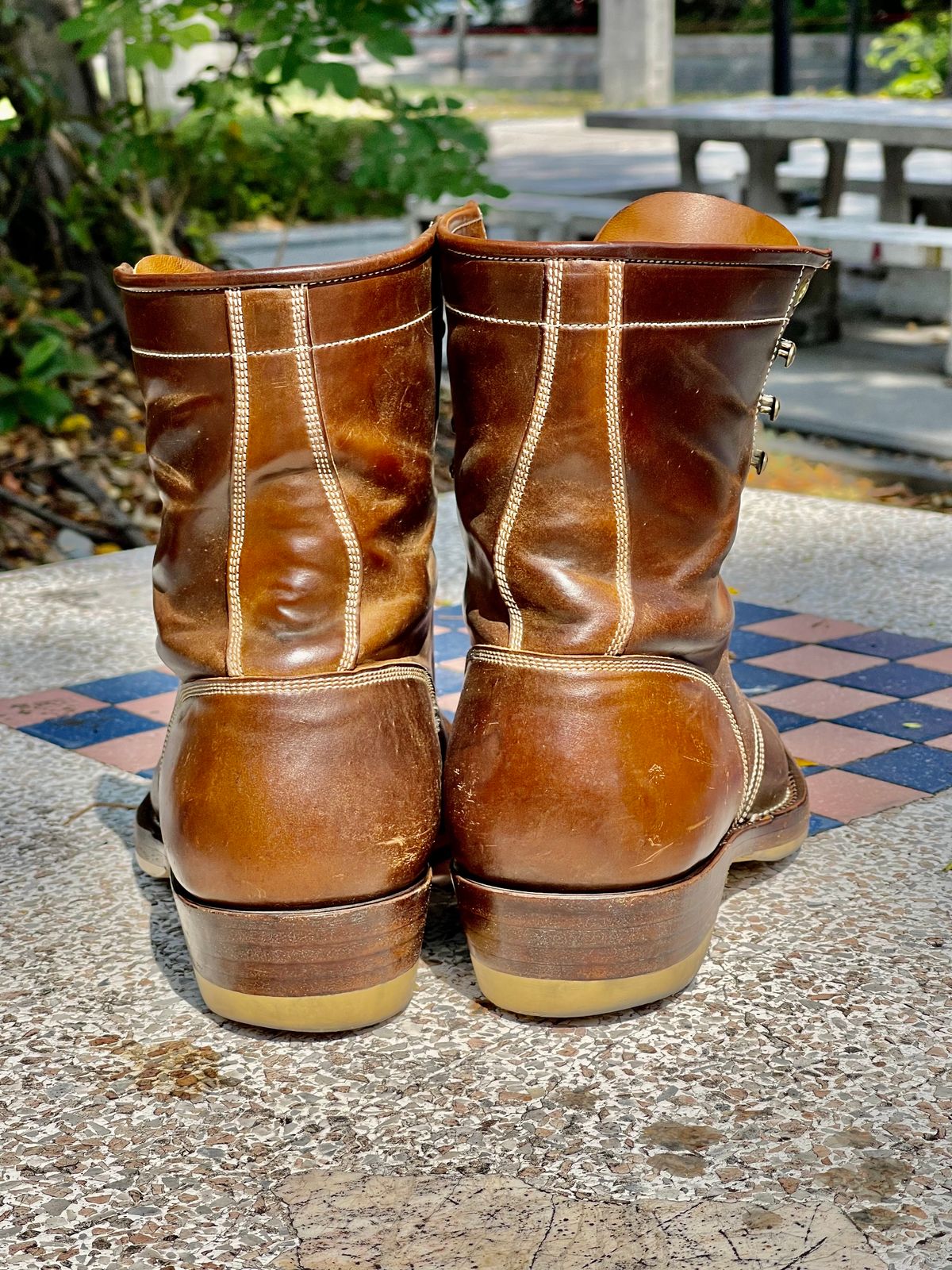 Photo by thebootscientist on March 3, 2023 of the Onderhoud SVC02 Packer Boot in Horween Dark Cognac Shell Cordovan.