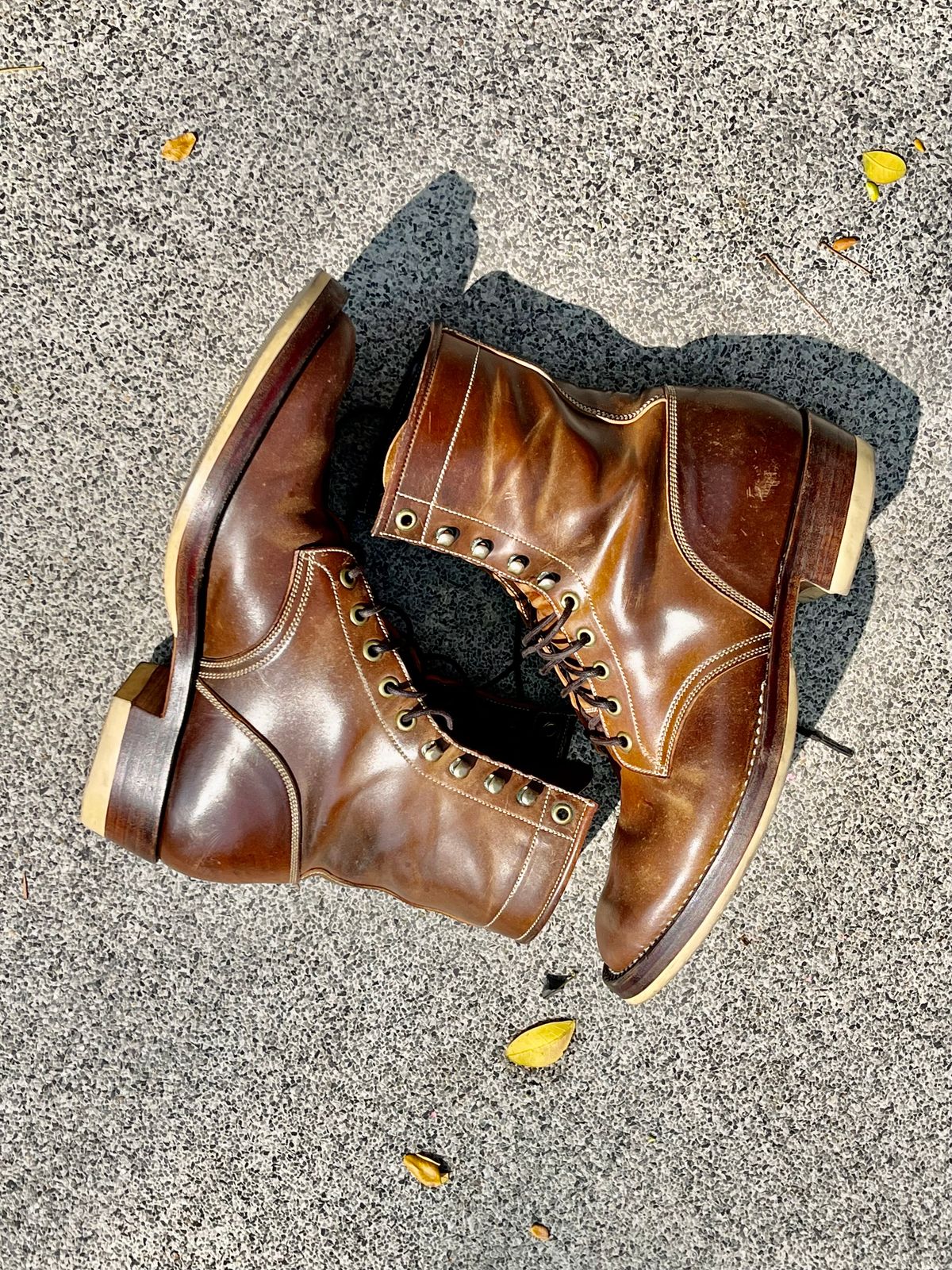 Photo by thebootscientist on March 3, 2023 of the Onderhoud SVC02 Packer Boot in Horween Dark Cognac Shell Cordovan.