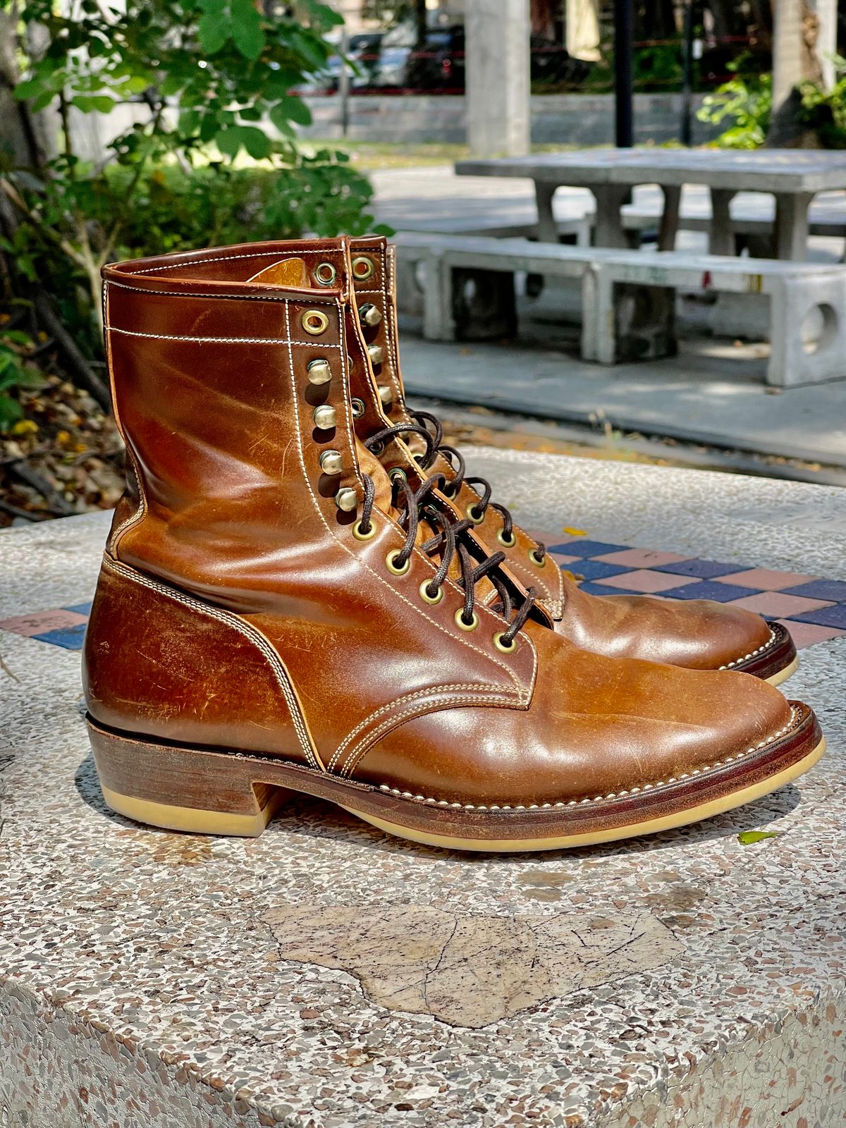 Photo by thebootscientist on March 3, 2023 of the Onderhoud SVC02 Packer Boot in Horween Dark Cognac Shell Cordovan.