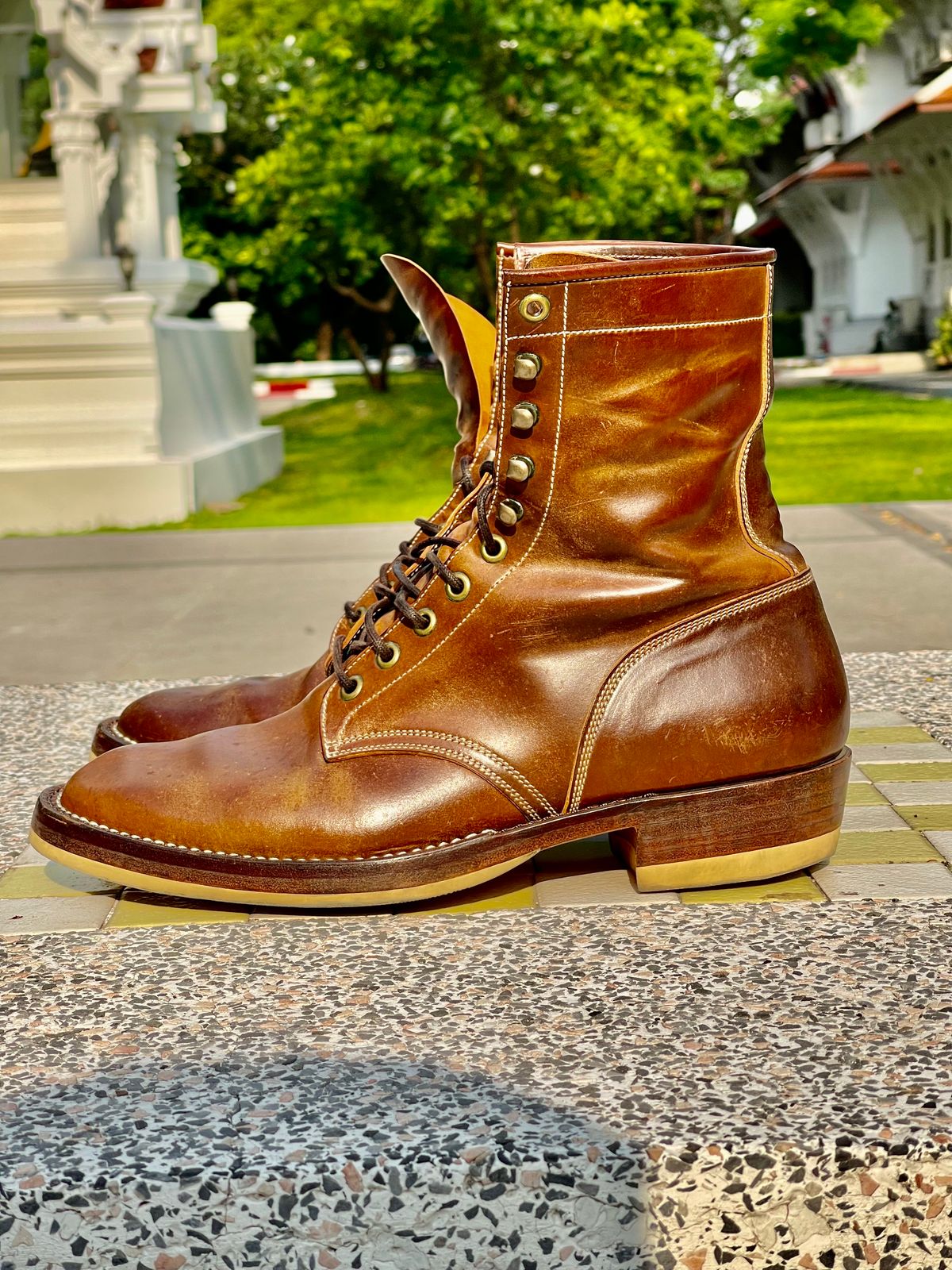 Photo by thebootscientist on April 1, 2023 of the Onderhoud SVC02 Packer Boot in Horween Dark Cognac Shell Cordovan.